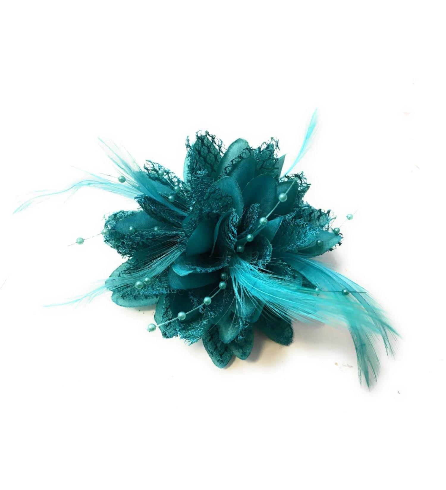 Turquoise Flower Feather Bead Corsage Hair Clips Fascinator Set - Buy Online on GoSupps.com