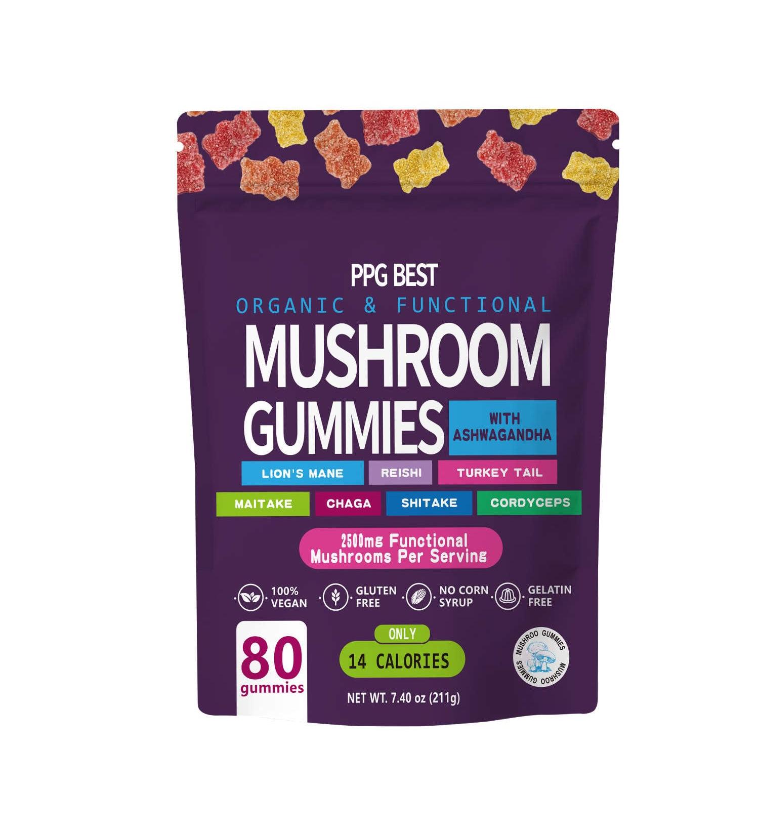 PPG BEST Organic & Functional Mushroom Gummies Supplement ASHWAGANDHA REISHI Turkey Tail MAITAKE SHATAKE Chaga CORDYCEPS BOOSTS Cognitive Performance Gluten Free Vegan Low CARB GUMMIES80 - Buy Online on GoSupps.com