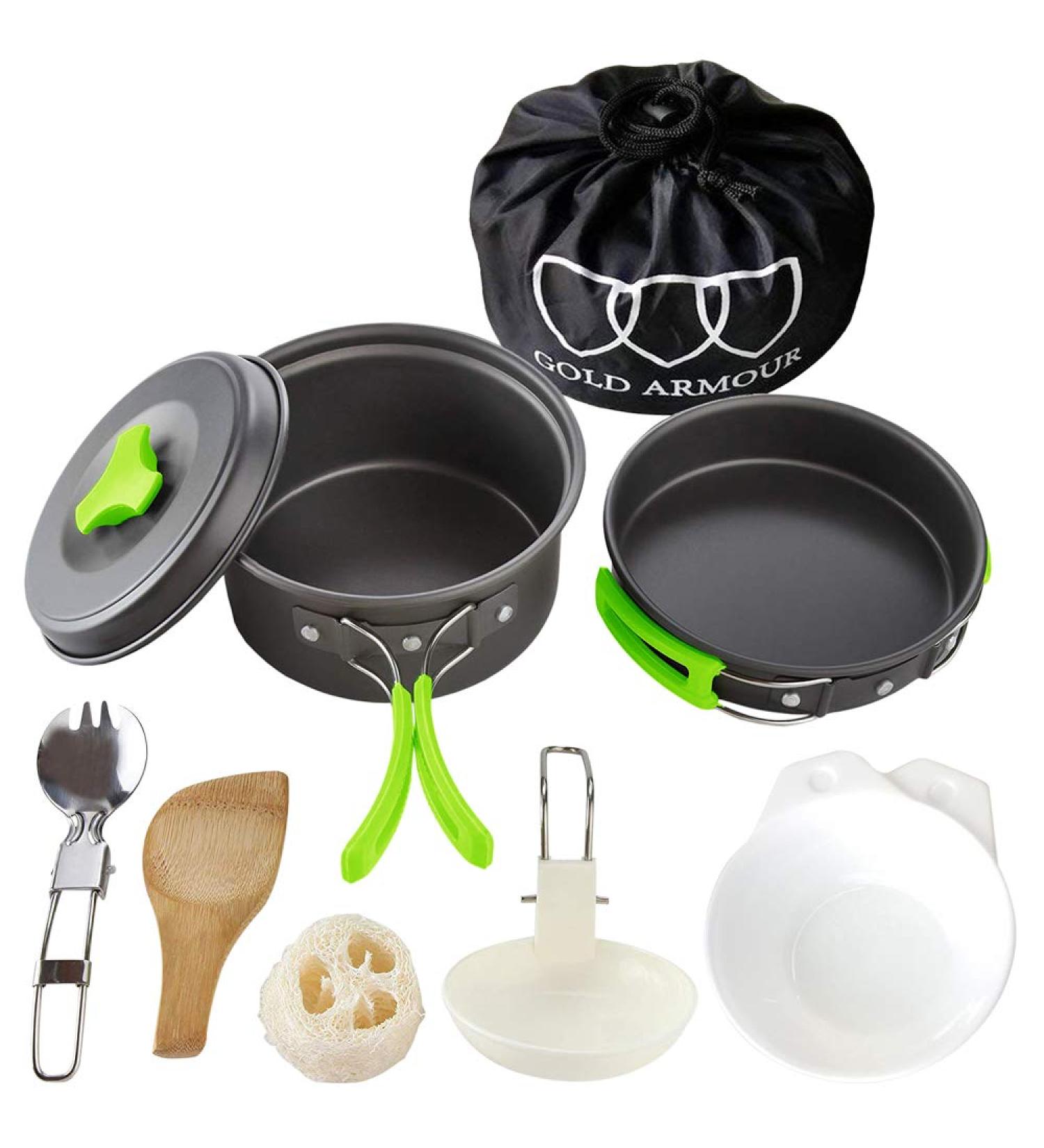 Gold Armour 10-Piece Camping Cookware Mess Kit - Lightweight & Durable Backpacking Gear for Hiking Outdoors - Compact Cookset with Pot, Pan, and Bowls - Green - Buy Online on GoSupps.com