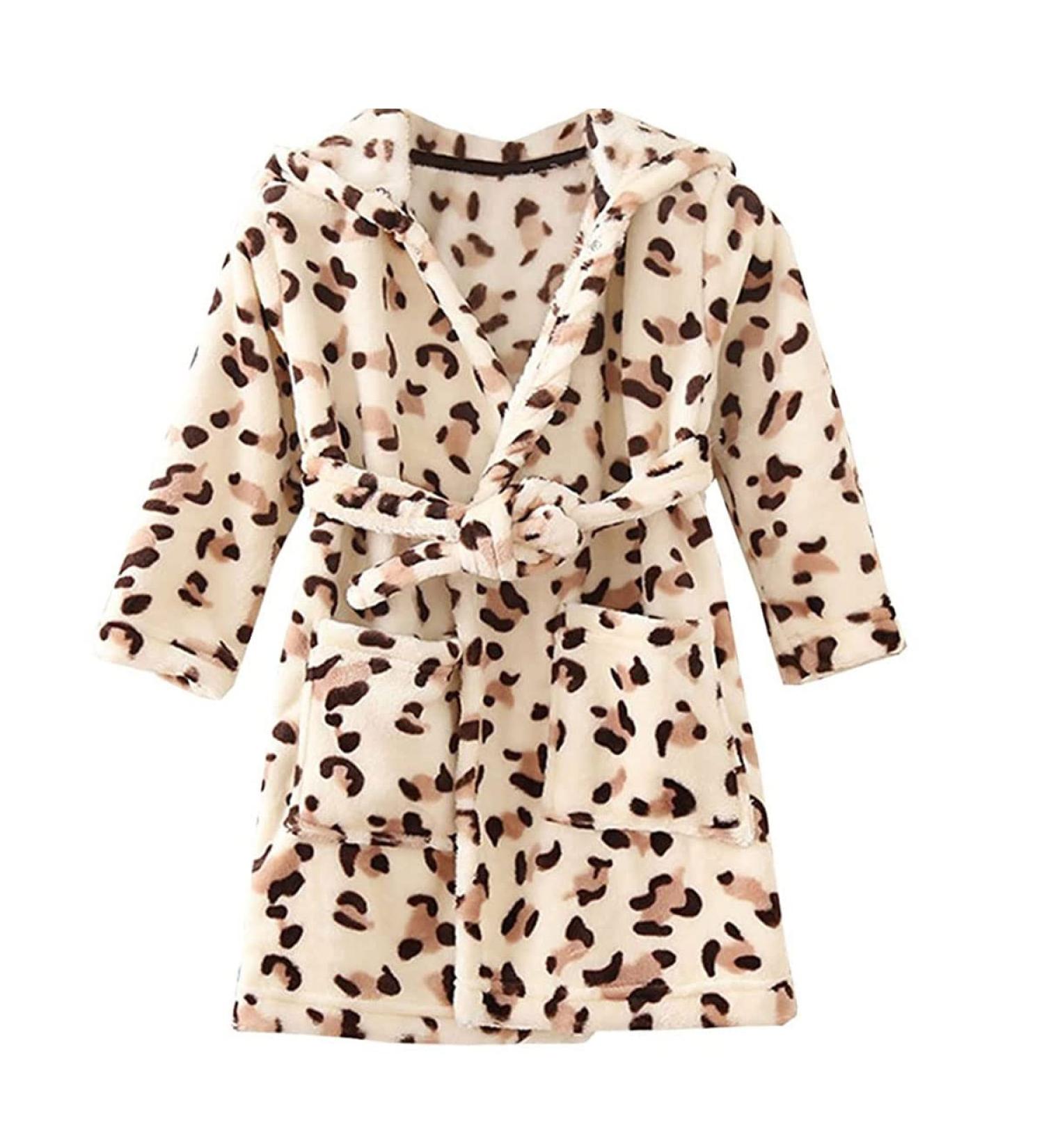 JZLPIN Unisex Baby Hooded Bathrobe Kids Flannel Pajamas Dressing Gown for Boys Girls 4-5 Years Coffee Leopard