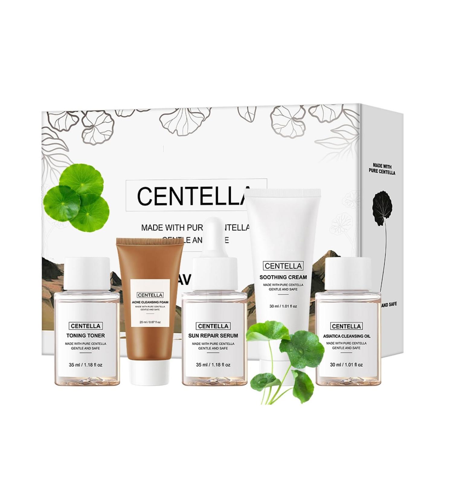 XJBD Centella Travel Kit 5-Piece Mini Korean Facial Gift Set with Soothing Cream Toner Sun Repair Serum Cleansing Oil & Foam - Hydrating Anti-Aging SkinCare for Sensitive & Acne-Prone Skin - Buy Online on GoSupps.com