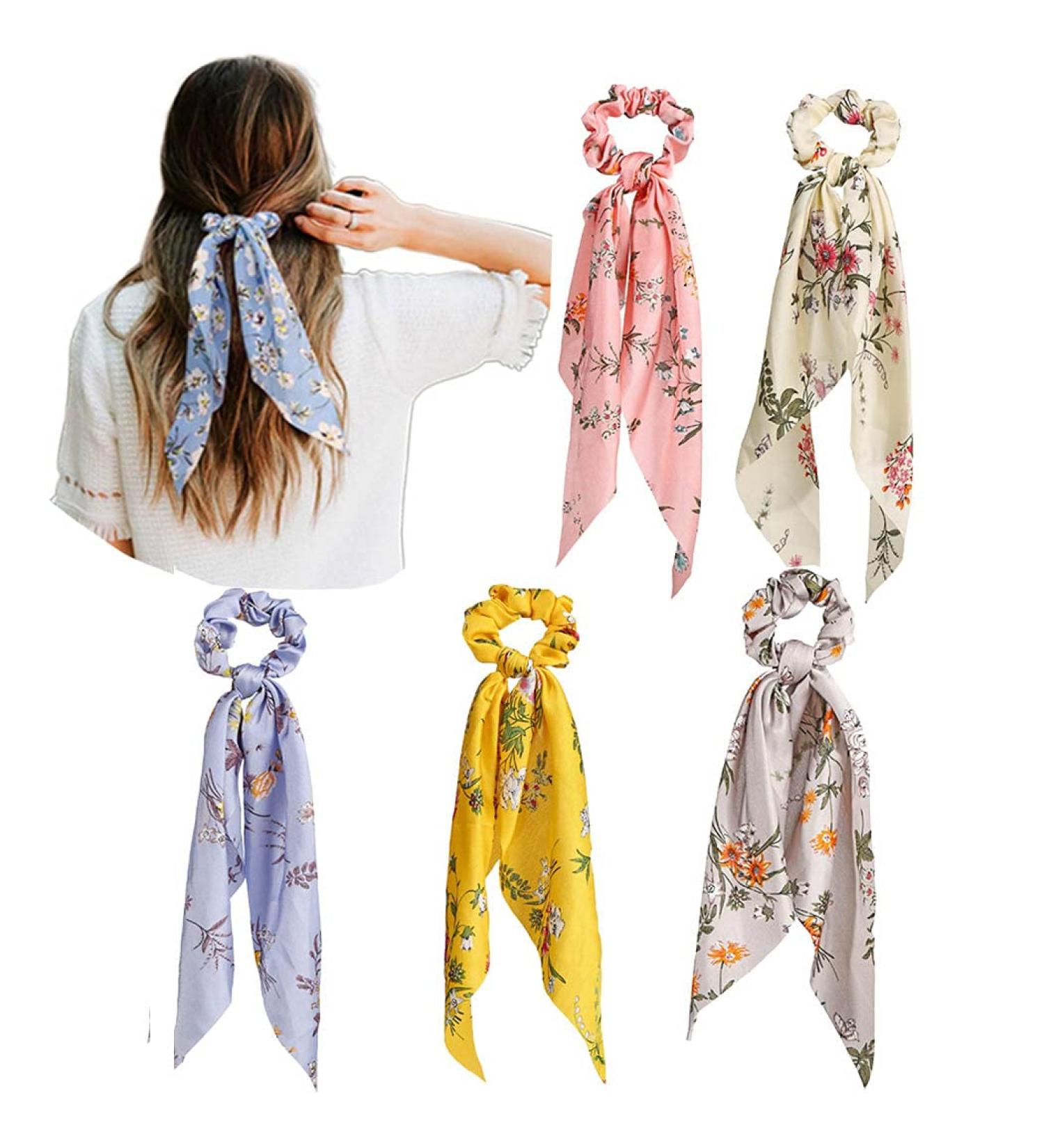Boho Flower Ribbon Hair Scrunchies Headband Set for Women/Girls (Pack of 5) - Buy Online on GoSupps.com