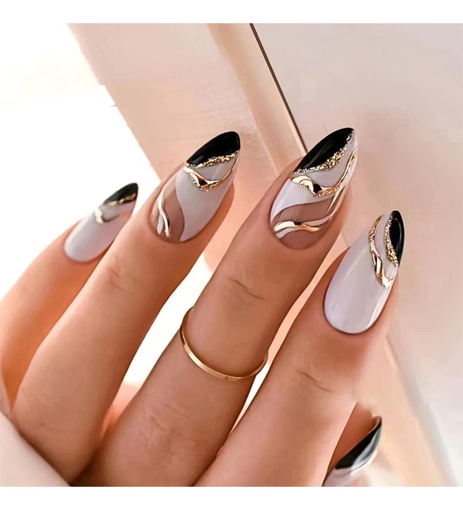 Almond Gold Striped French Tip Press On Nails 24 Pcs | Full Cover Black + White Acrylic Stick On False Nails for Women - Buy Online on GoSupps.com