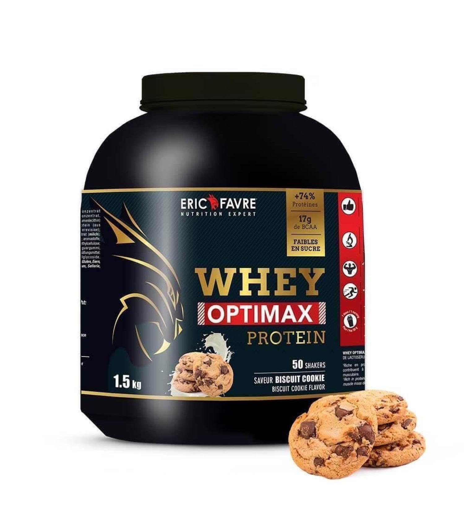 WHEY OPTIMAX PROTEIN +74% Bi-Source Protein: WPC + Patented Protein 17g BCAA 11g Glutamine Low Sweetness Smooth | Ideal for Muscle Gaining | Cookies 1.5 kg - Eric Favre - Buy Online on GoSupps.com