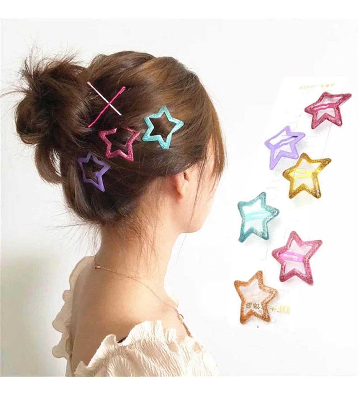 6 Pack Colorful Star Glitter Metal Snap Hair Clips - Girls' Cute Barrettes & Hair Accessories - Buy Online on GoSupps.com