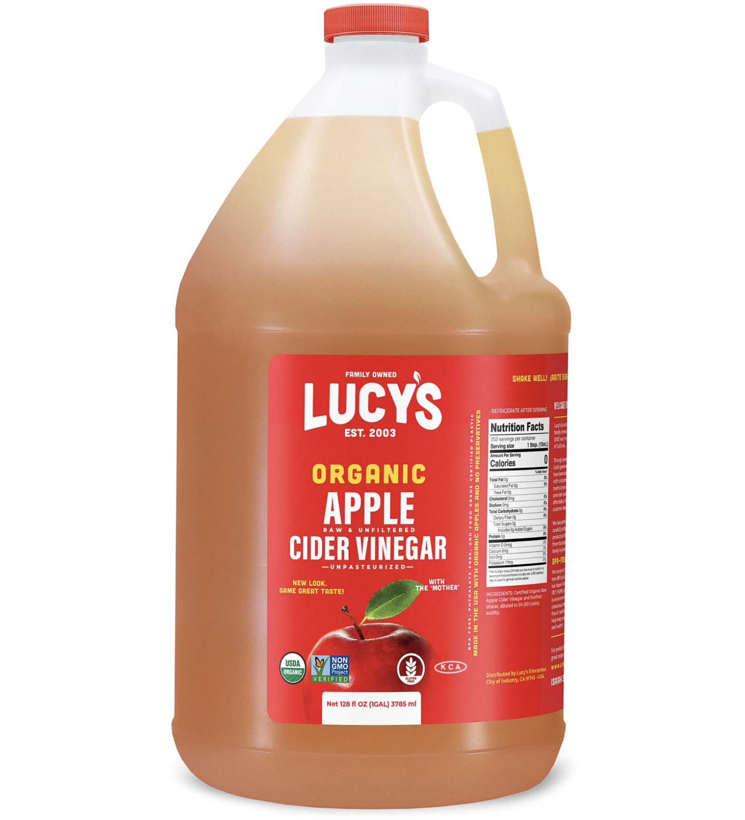 Lucy's Family Owned USDA Organic NonGMO Raw Apple Cider Vinegar - Unfiltered, Unpasteurized, With the Mother (Gallon) | 128 Fl Oz - Buy Online on GoSupps.com