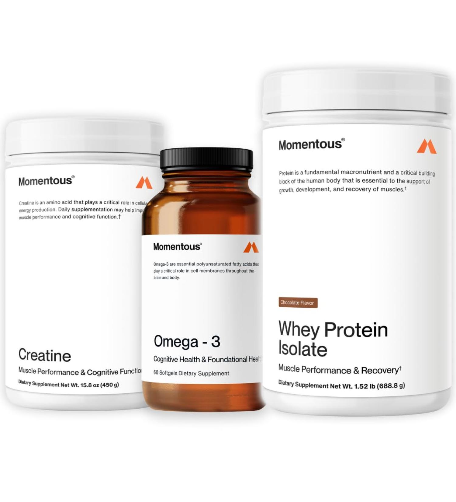 Momentous Three - Creatine Monohydrate Powder (90 Servings) Grass-Fed Whey Protein Powder (Chocolate) & Omega-3 Fish Oil 1600mg - Daily Essentials for Strength Performance & Lean Muscle Recovery - Buy Online on GoSupps.com