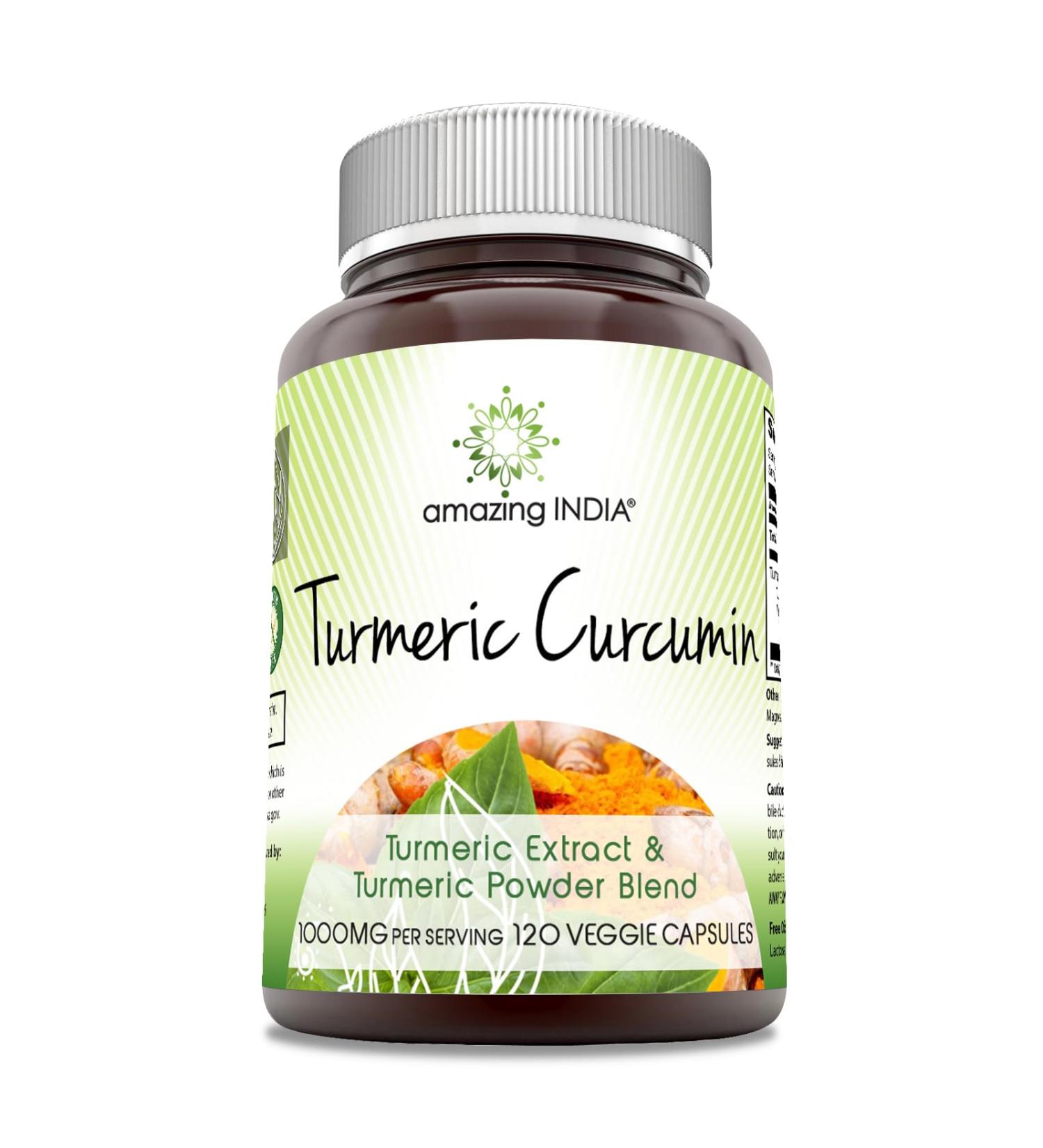 Amazing India Turmeric Curcumin 1000 Mg per Serving | 120 Veggie Capsules Supplement | Blend of Turmeric Powder & Turmeric Extract | Non-GMO | Gluten Free | Made in USA - Buy Online on GoSupps.com