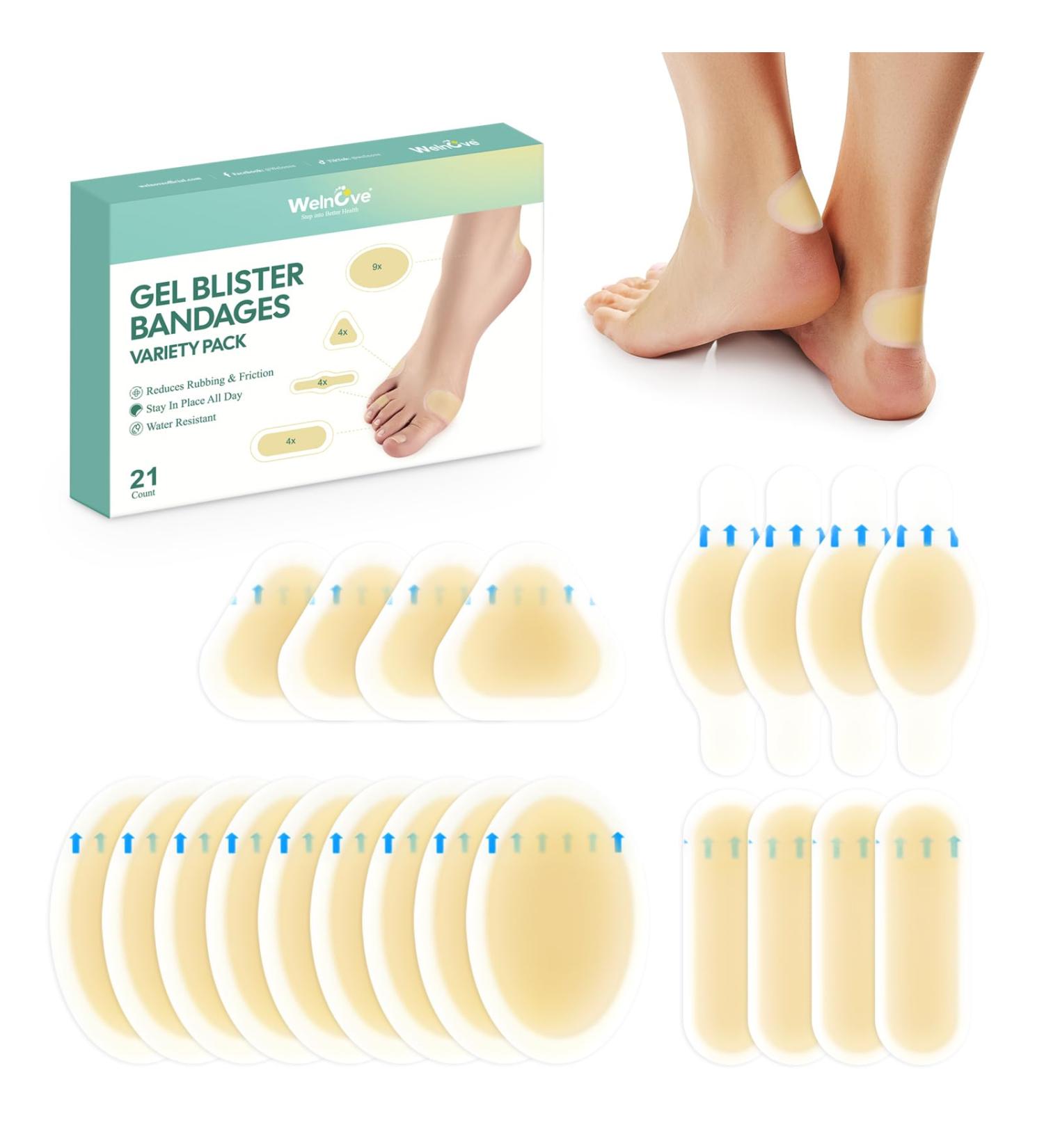 Gel Blister Bandages - Welnove 21ct Hydrocolloid Cushions for Heel Toe & Foot - Waterproof Blister Pads for Prevention & Recovery - Buy Online on GoSupps.com