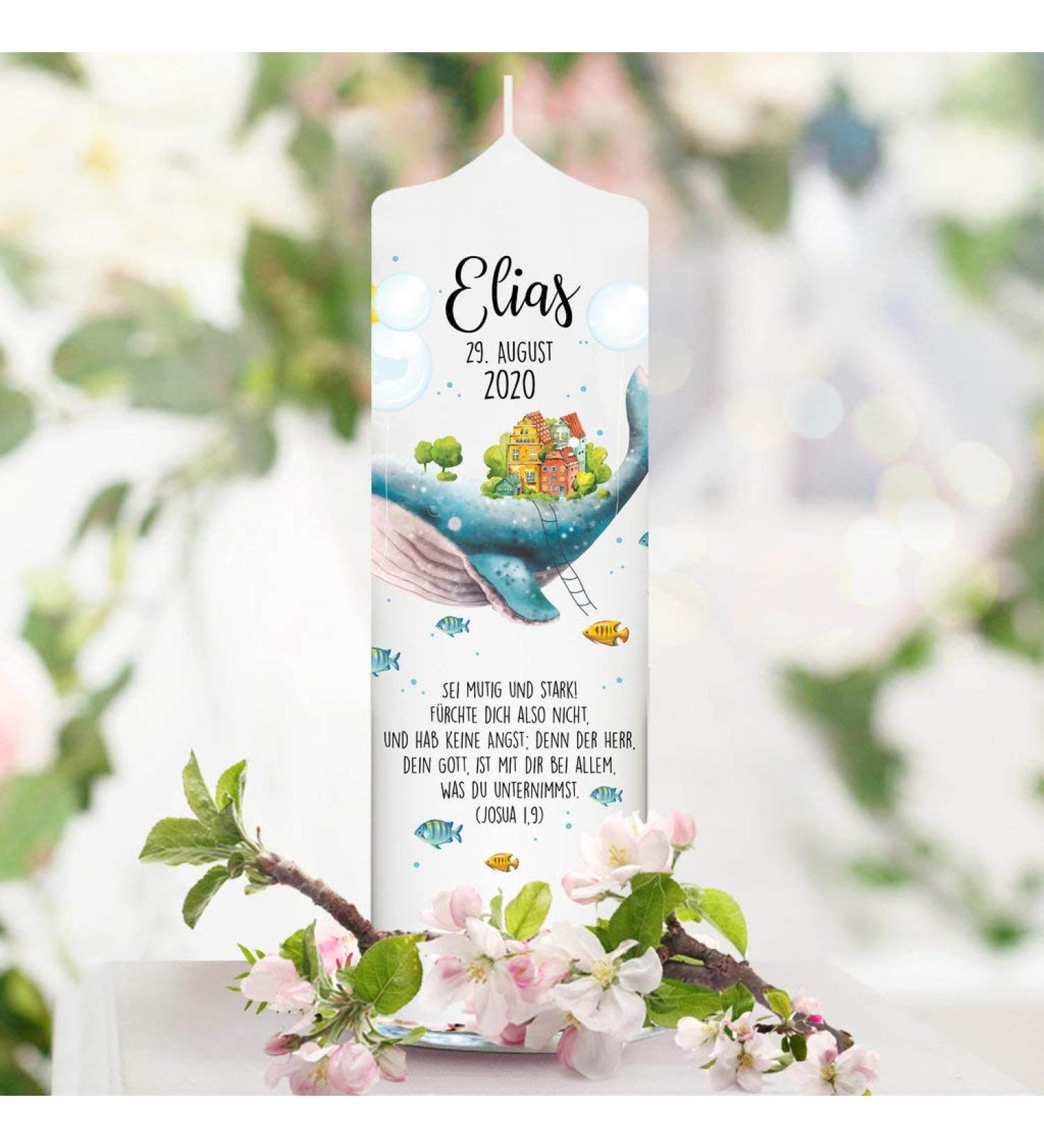 Baptismal Candle for Boy or Girl - Whale & Fish Design - Custom Name & Date - Blue & White - 25 x 7 cm - Perfect for Baptism Birth & Communion - Buy Online on GoSupps.com