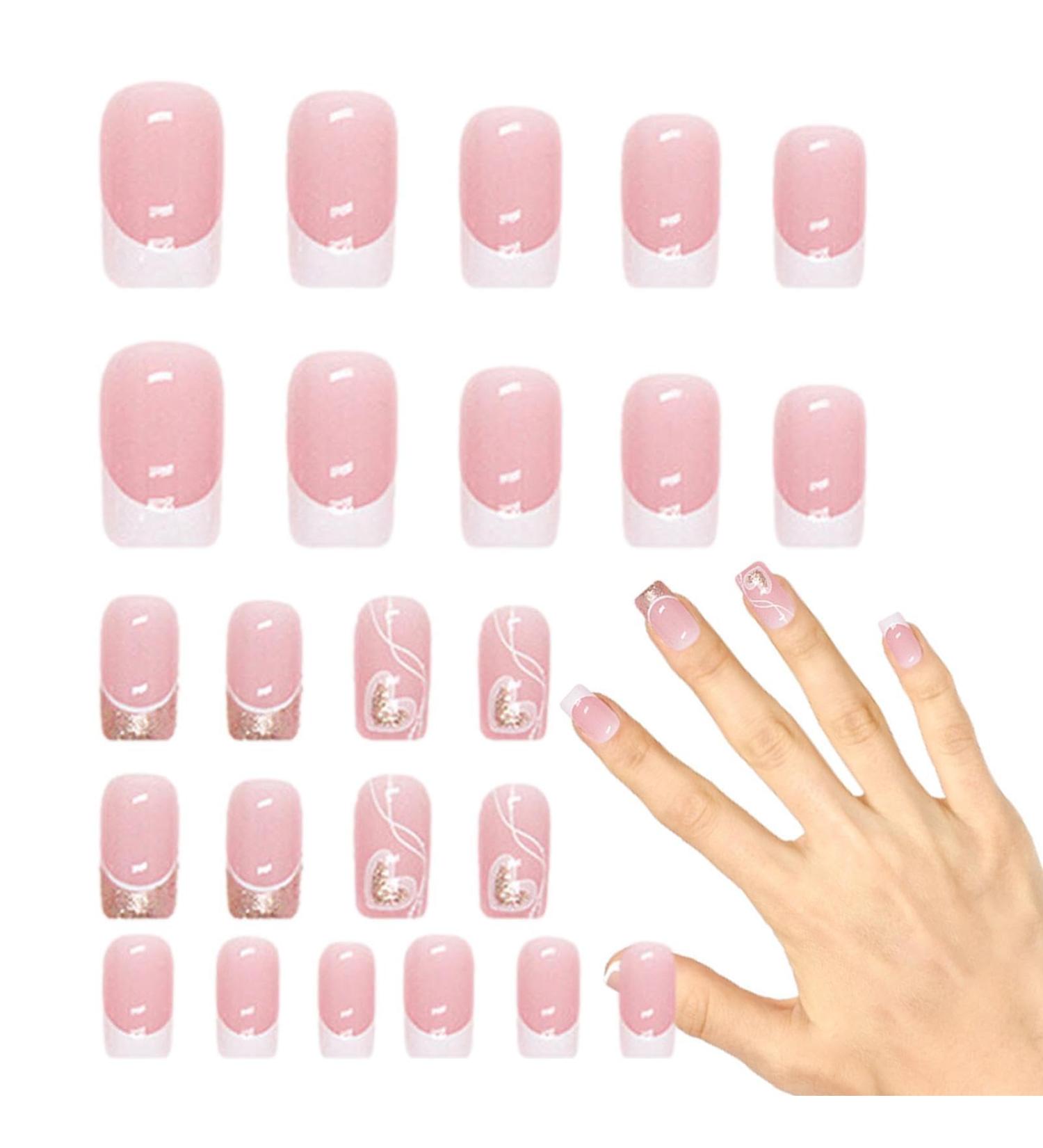 False Nails Tips Square Short Nail Manicure Set | Square Short Cute Press on Nails Full Nails with Love Heart Pattern for Fingernails Cle-ca - Buy Online on GoSupps.com