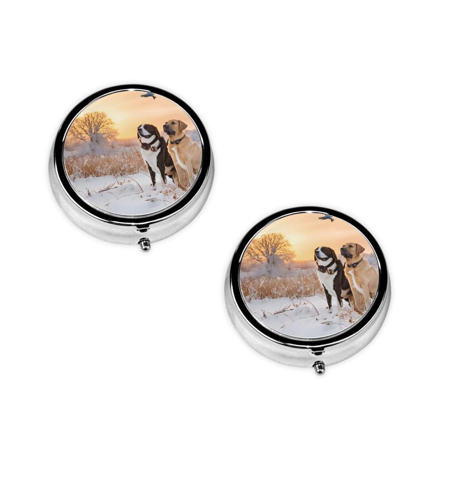 Buy Dog Catching Pheasant Printed Mini Round Pill Box | 3 Compartment Pill Organizer for Travel Home & Office | Portable Medicine Case - Buy Online on GoSupps.com