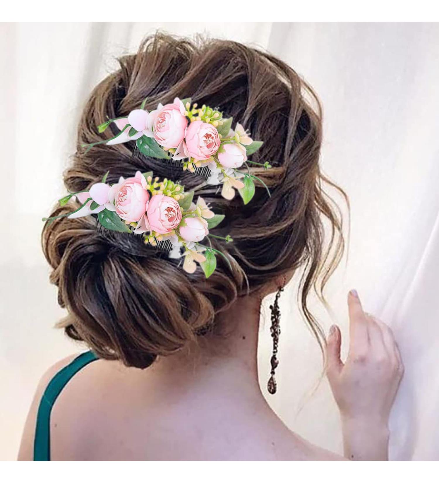Campsis Set of 2 Pink Flower Bridal Hair Combs - Wedding Hair Accessories for Bride, Bridesmaid, Engagement, Prom, Beach Photography - Buy Online on GoSupps.com