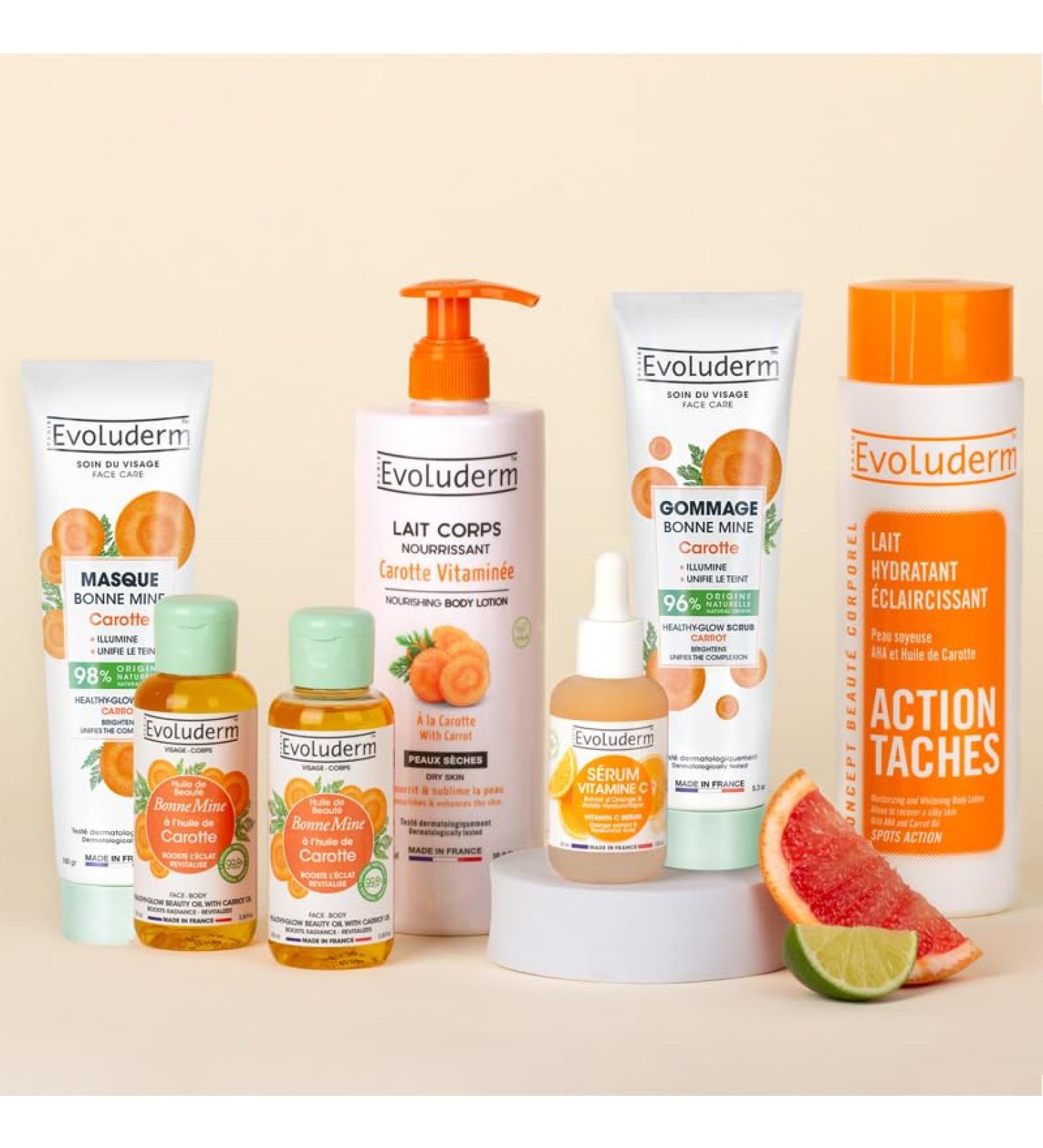 EVOLUDERM Radiance Face & Body Routine 7 products 1x Milk + 2 Oils + 1 Vitamin C Serum + 1 Carrot Scrub & Mask + 1 Lightening Milk Made in France - Buy Online on GoSupps.com