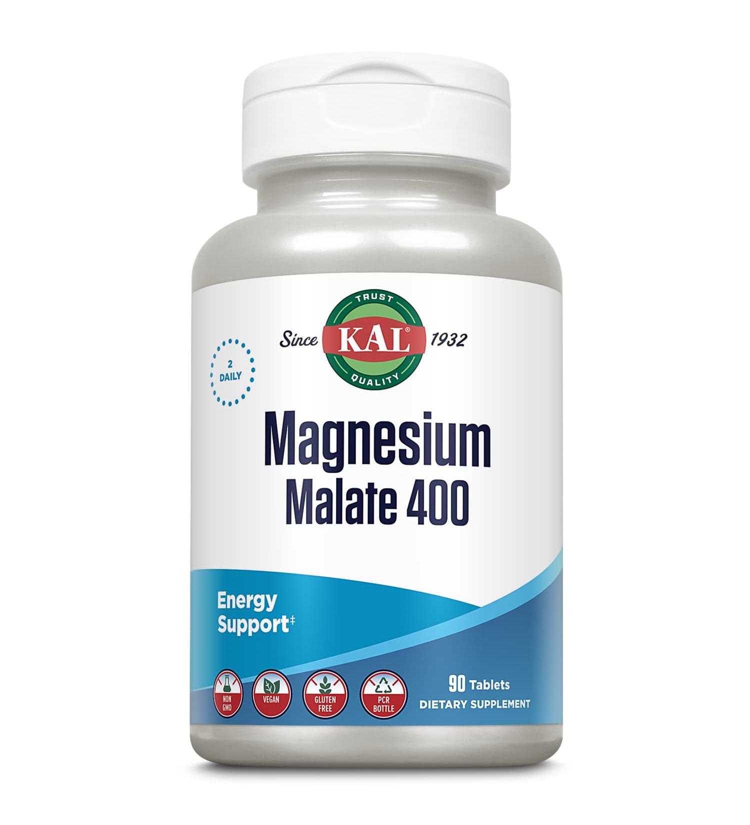 KAL Magnesium Malate 400mg Chelated Supplement with Malic Acid - Energy & Muscle Support - Vegan, Non-GMO - 90 Veg Tabs - Buy Online on GoSupps.com