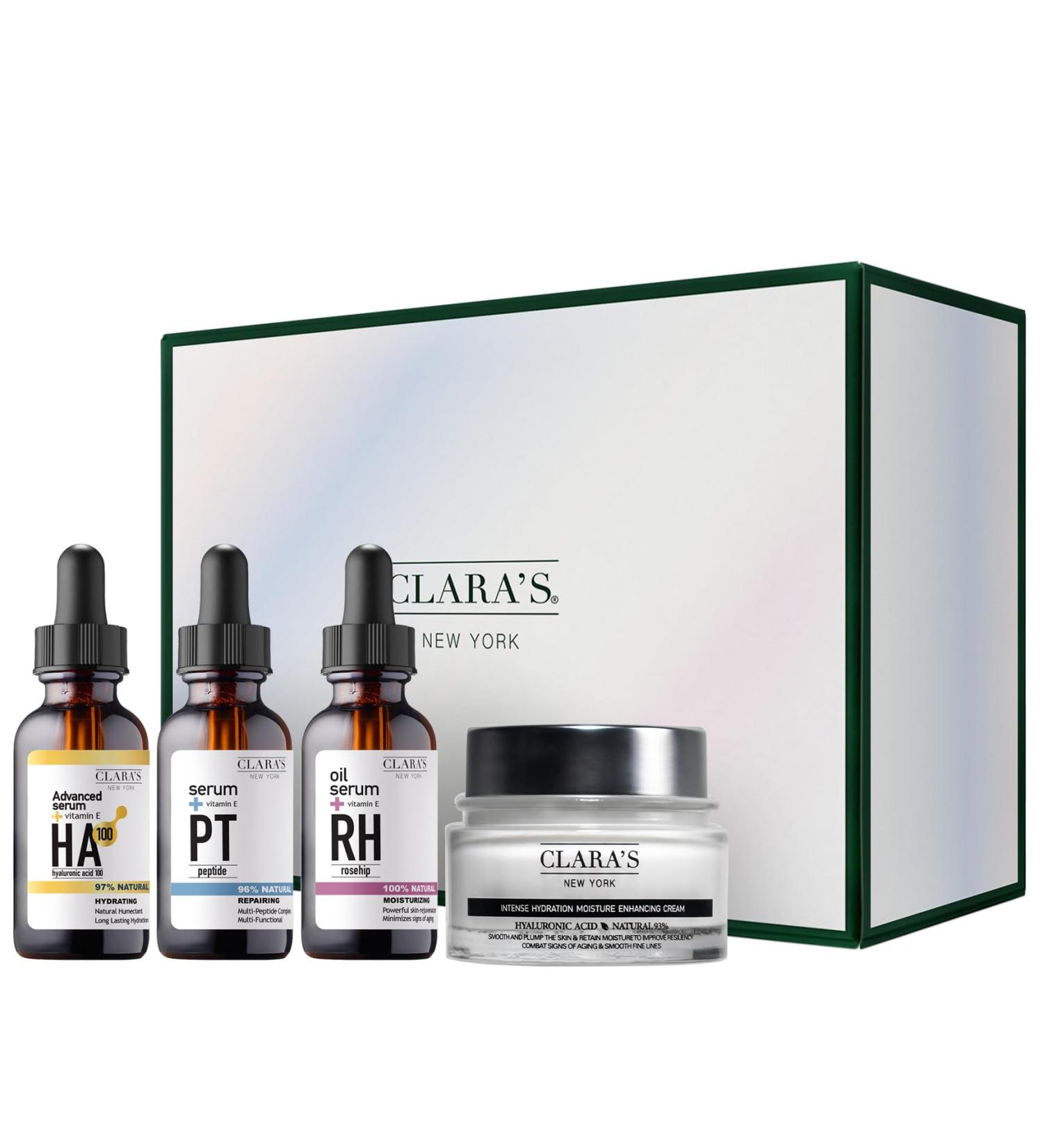 CLARA'S NEW YORK Glowing Skin Discovery Kit Skincare Gift Set Pack of 4: Hyaluronic Acid 6X Peptide Rosehip Facial Oil Moisturizer Cream - Buy Online on GoSupps.com