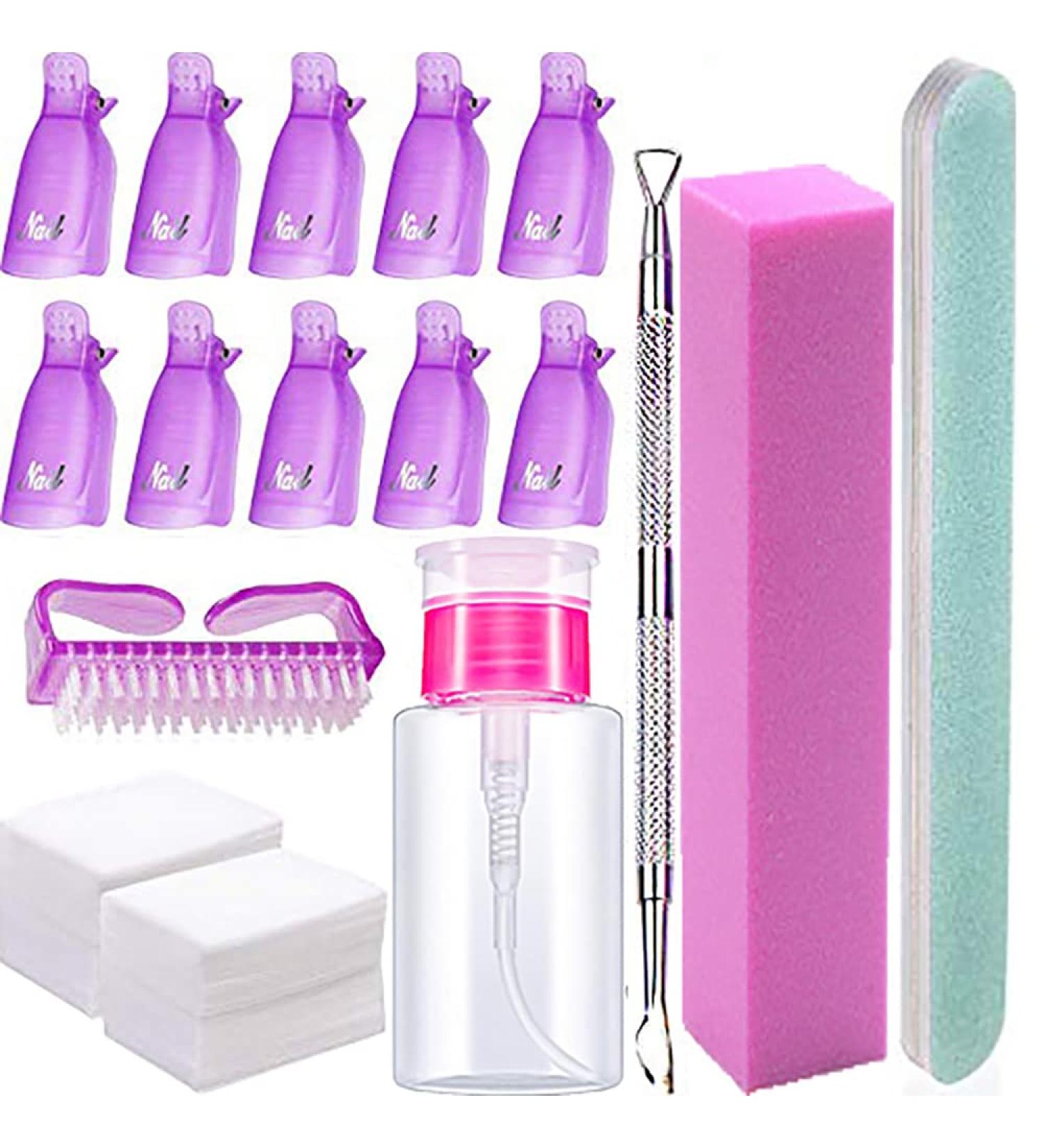 Nail Polish Remover Kit - 500 Pcs Cotton Pads, Purple Clips, Bottle, Pusher, Brush & File - Buy Online on GoSupps.com