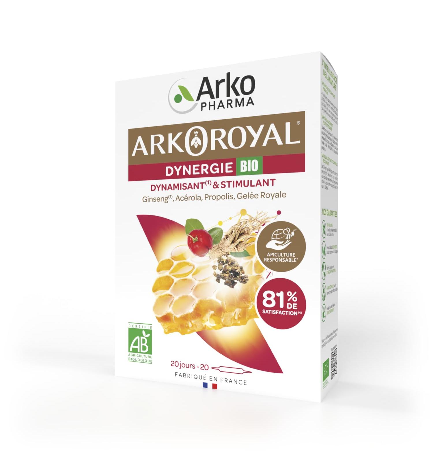 Arkopharma - Arkoroyal Organic Dynergie | Royal Jelly - Propolis - Food Supplement - Energy Booster - Immunity and Vitality - Ginseng - Acerola - Energizing and Stimulating | 20 Bulbs - Buy Online on GoSupps.com