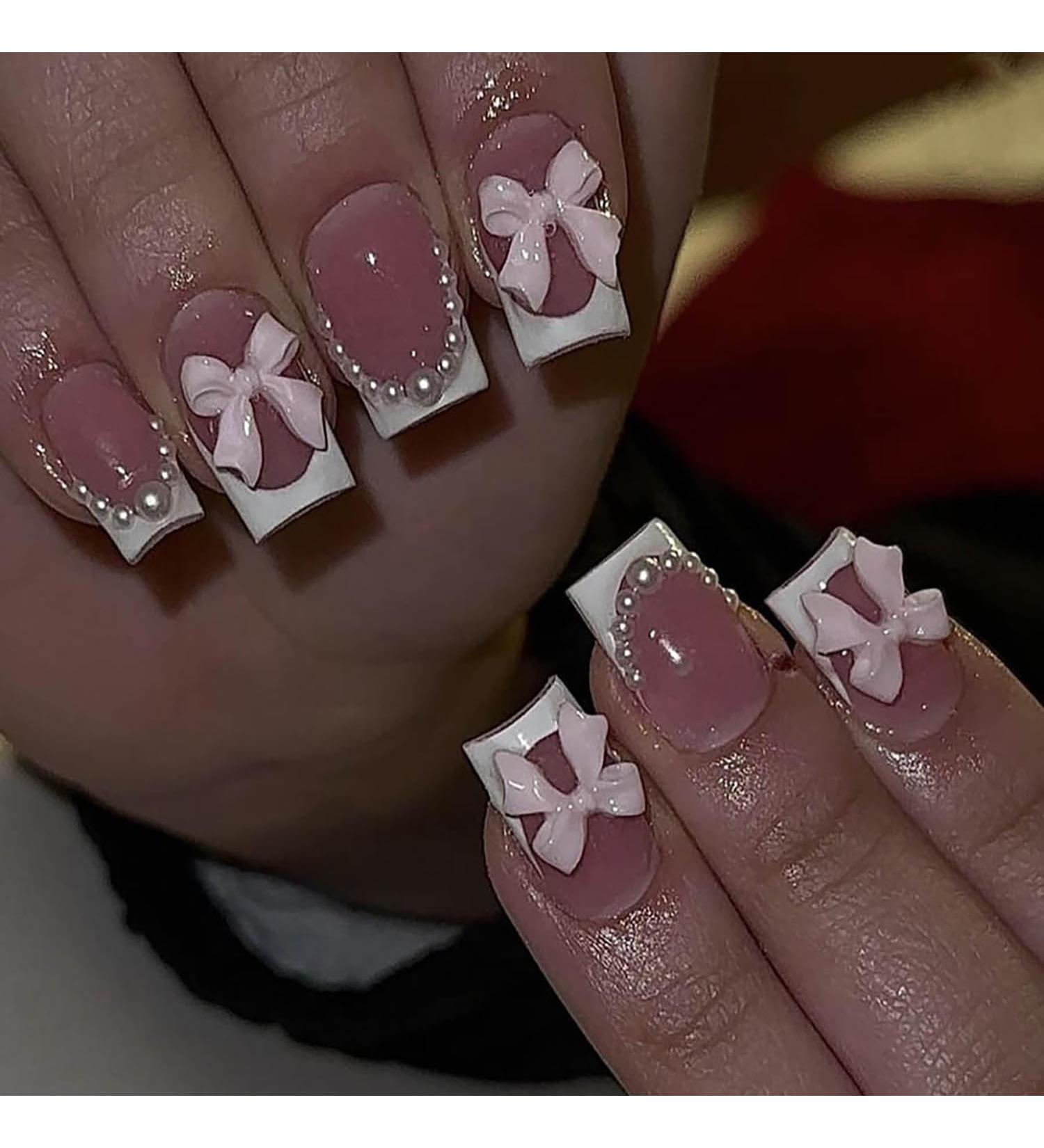 Buy French Press on Nails - Square Pink Fake Nails with Pearls & Bow Charms - 24 Pcs Summer Acrylic Full Cover for Women & Girls - Buy Online on GoSupps.com
