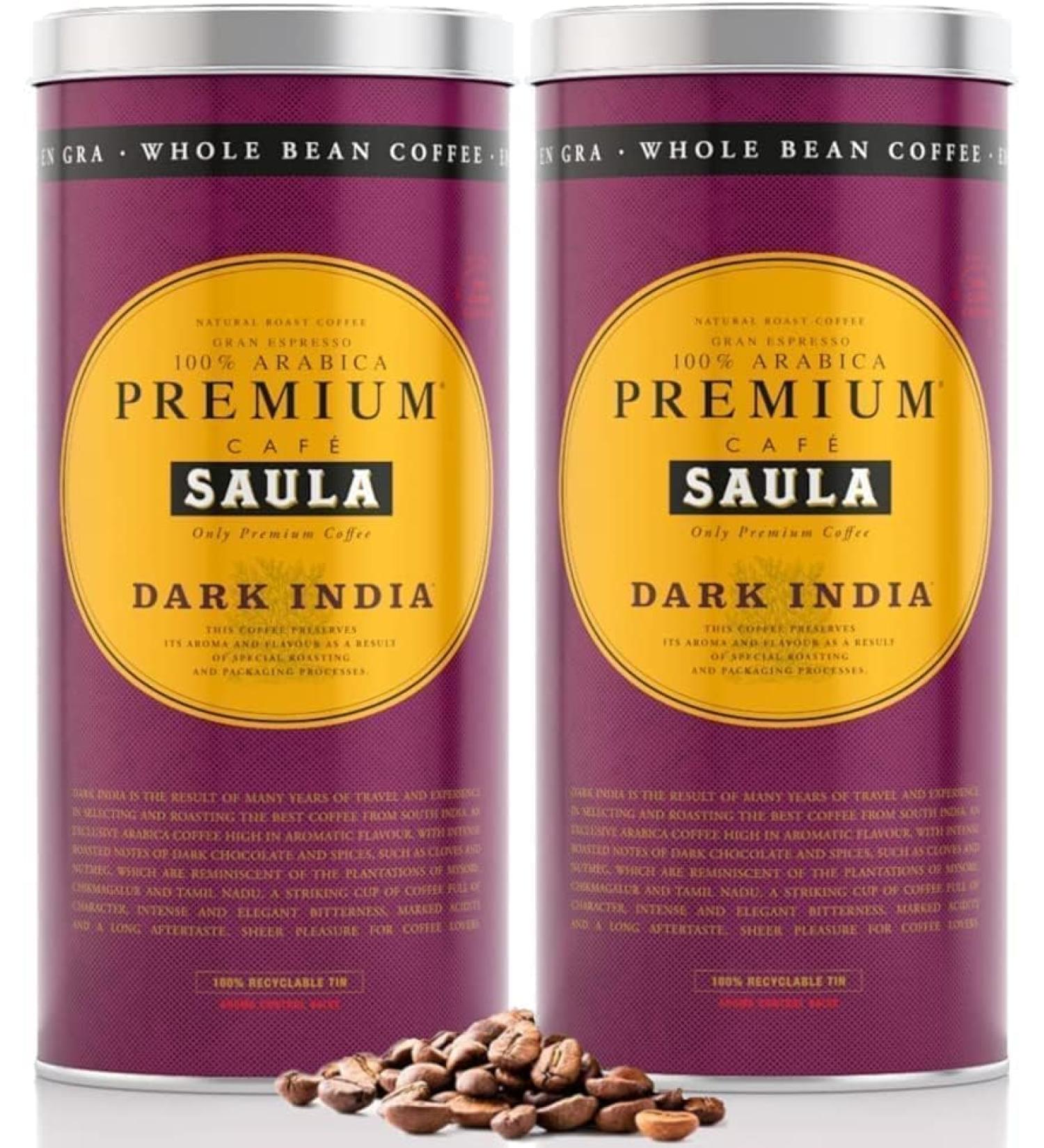  SAULA PREMIUM Saula Coffee Beans Pack of 2 x 500g tins. Premium Dark India 100% Arabica - Buy Online on GoSupps.com
