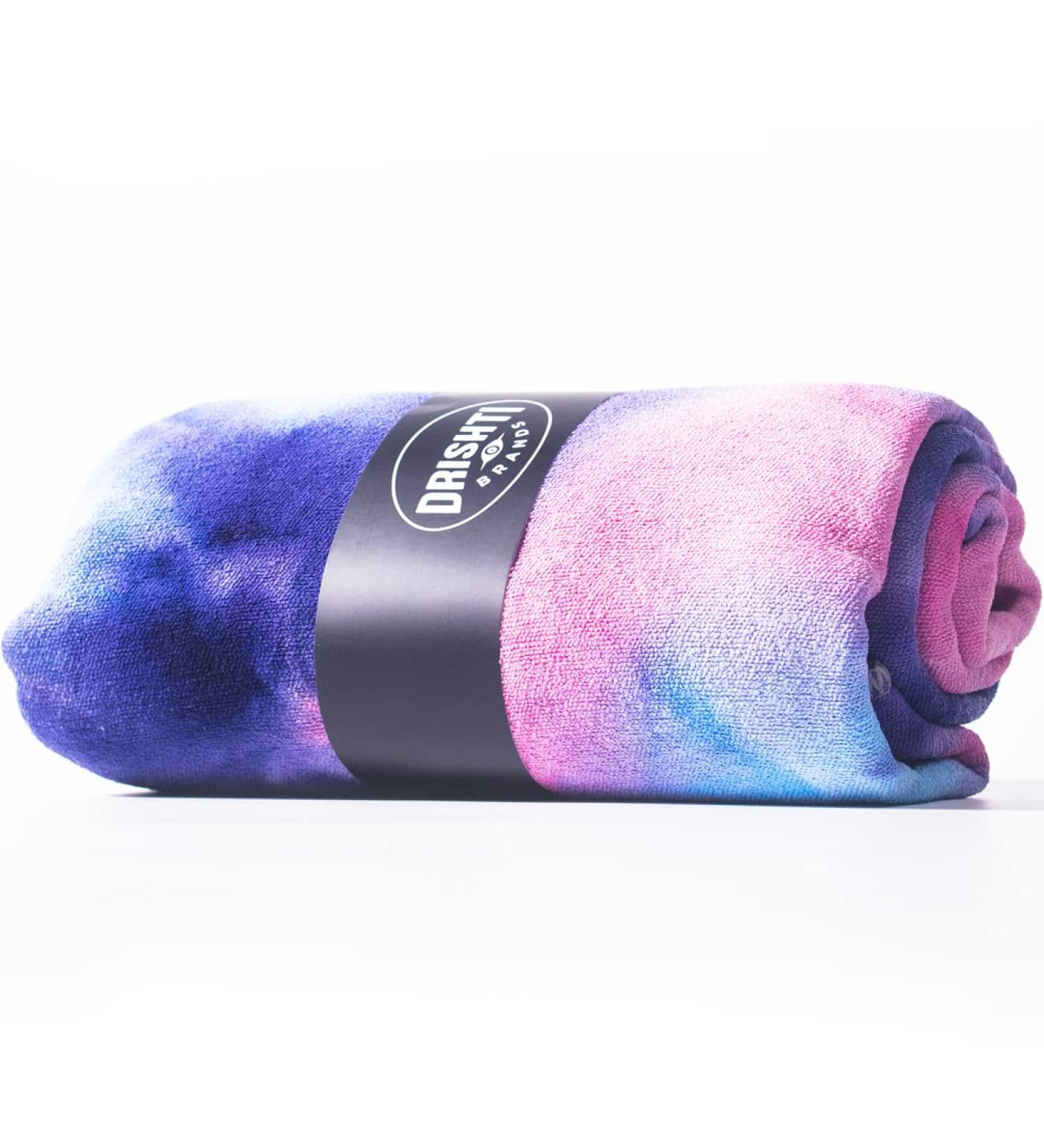 Drishti Brands Hot Yoga Mat Towel | Anti-Slip Grips | Sweat Absorbent | 24x72 Standard Size | Blue & Pink Tie Dye | For Yoga, Bikram, Pilates - Buy Online on GoSupps.com