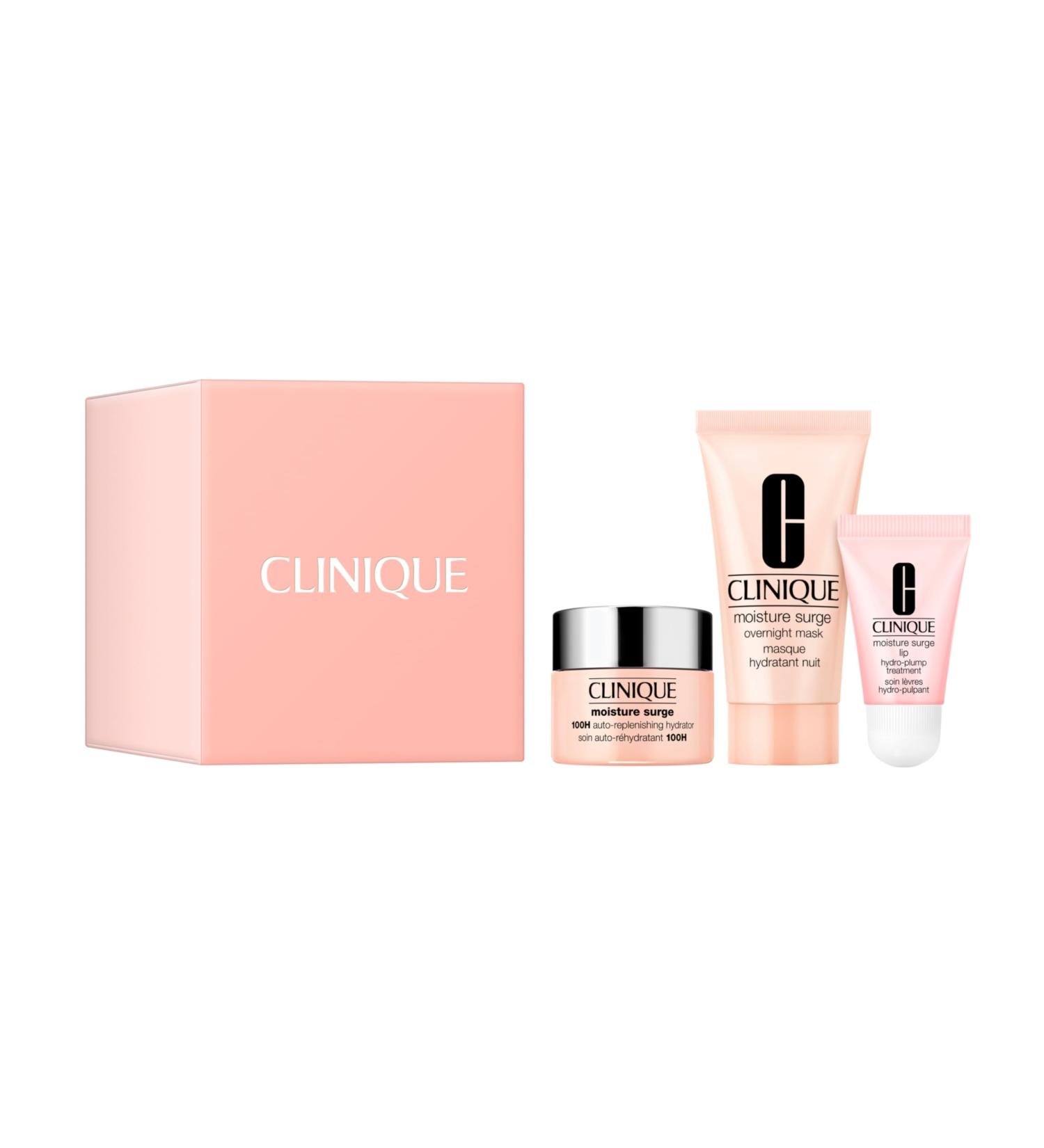 Clinique Hydration Heroes Gift Set | Moisture Surge 100H Moisturizer | Moisture Surge Overnight Mask | Lip Treatment | Hydrating + Glow | Includes 3 Travel Size Pieces - Buy Online on GoSupps.com