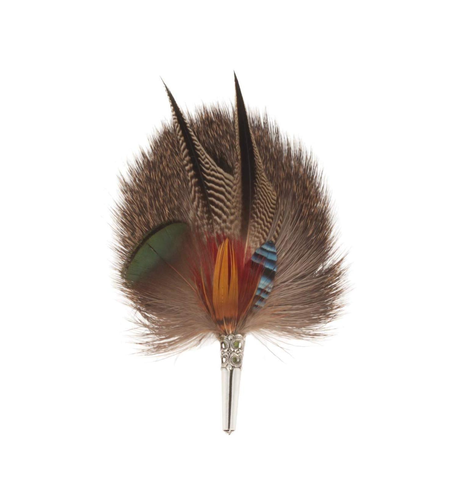 Wide real hat feather hat pin from duck pheasant jay deer fur Handmade for the traditional hat Incl. sleeve 12 x 7 cm