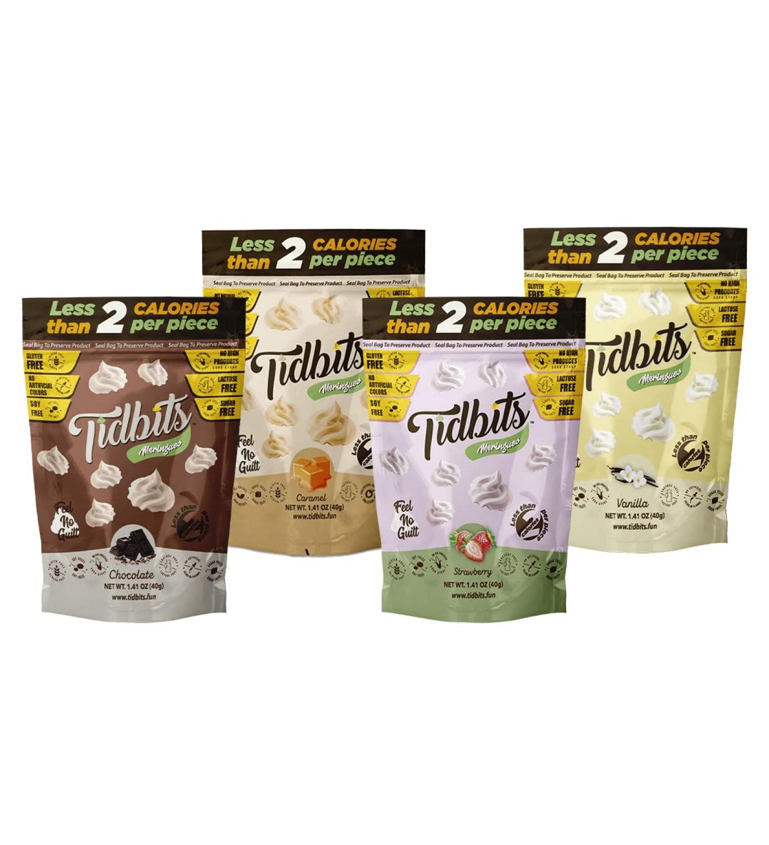 Tidbits Fun Bites Meringue Variety Pack - Low Calorie, Gluten Free, Sugar Free, Low Carb, Diabetic Snacks - Vanilla, Strawberry, Caramel, Chocolate Flavors - 5.64 Ounce (Pack of 4) - Buy Online on GoSupps.com