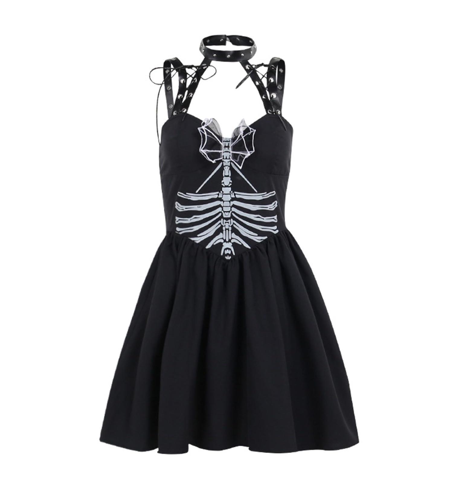 Women's Gothic Dark Fit Slim Slim Strap Print Dress 80S Costumes for Women Black Medium - Buy Online on GoSupps.com
