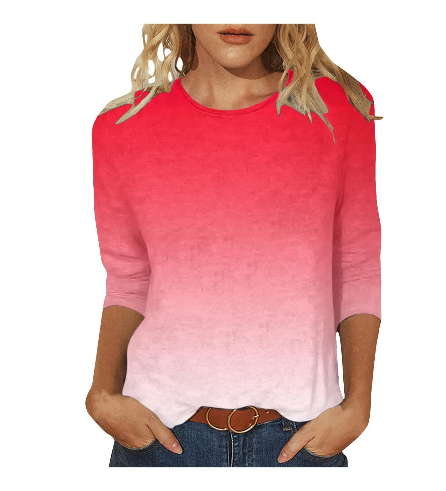 oelaio Women's Tie Dye Round-Neck T-Shirt Women Casual 3/4 Sleeve T-Shirts Summer Cute Tunic Tops Basic Tees Blouses Loose Red Large - Buy Online on GoSupps.com