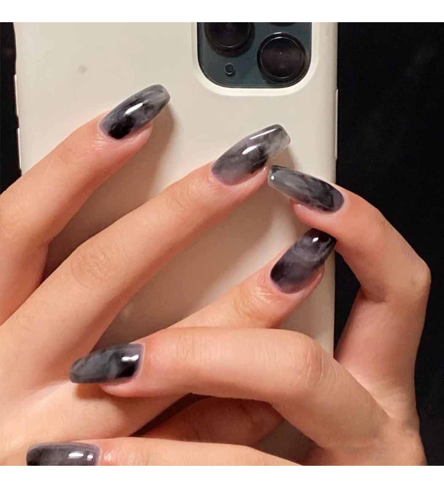 DOCVOEOMH Short Square Black Grey Cool Fake Nails - Fashion Ink Smudge Design, Acrylic Glue on False Nail - 24 PCS Gift Set for Women - Buy Online on GoSupps.com