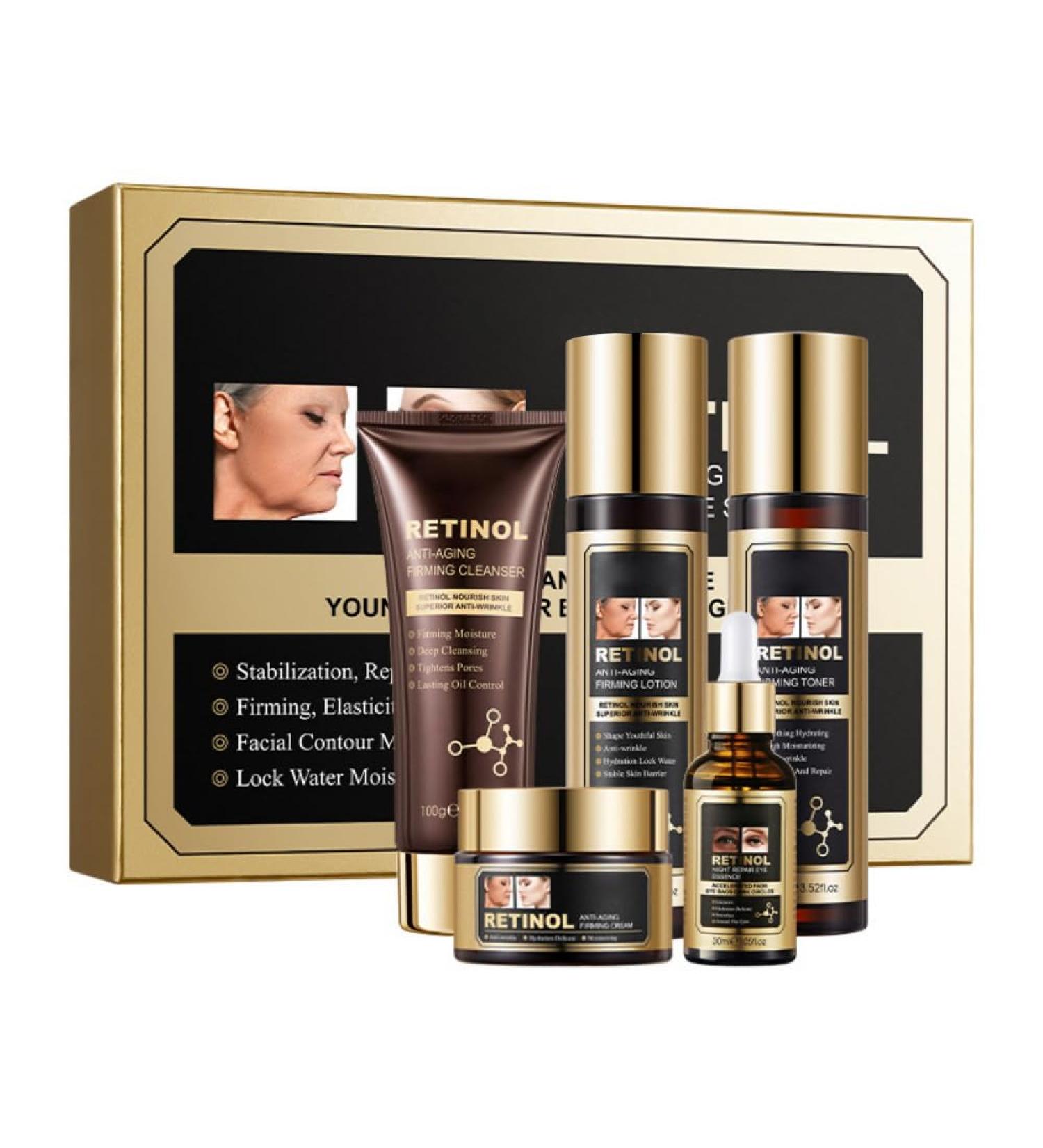 Retinol Renewal Skincare Set - 5-Piece Kit with Cleanser Toner Eye Essence Lotion & Face Cream - Helps Improve the Look of Wrinkles & Dark Spots - For Sensitive Skin - Night Repair System