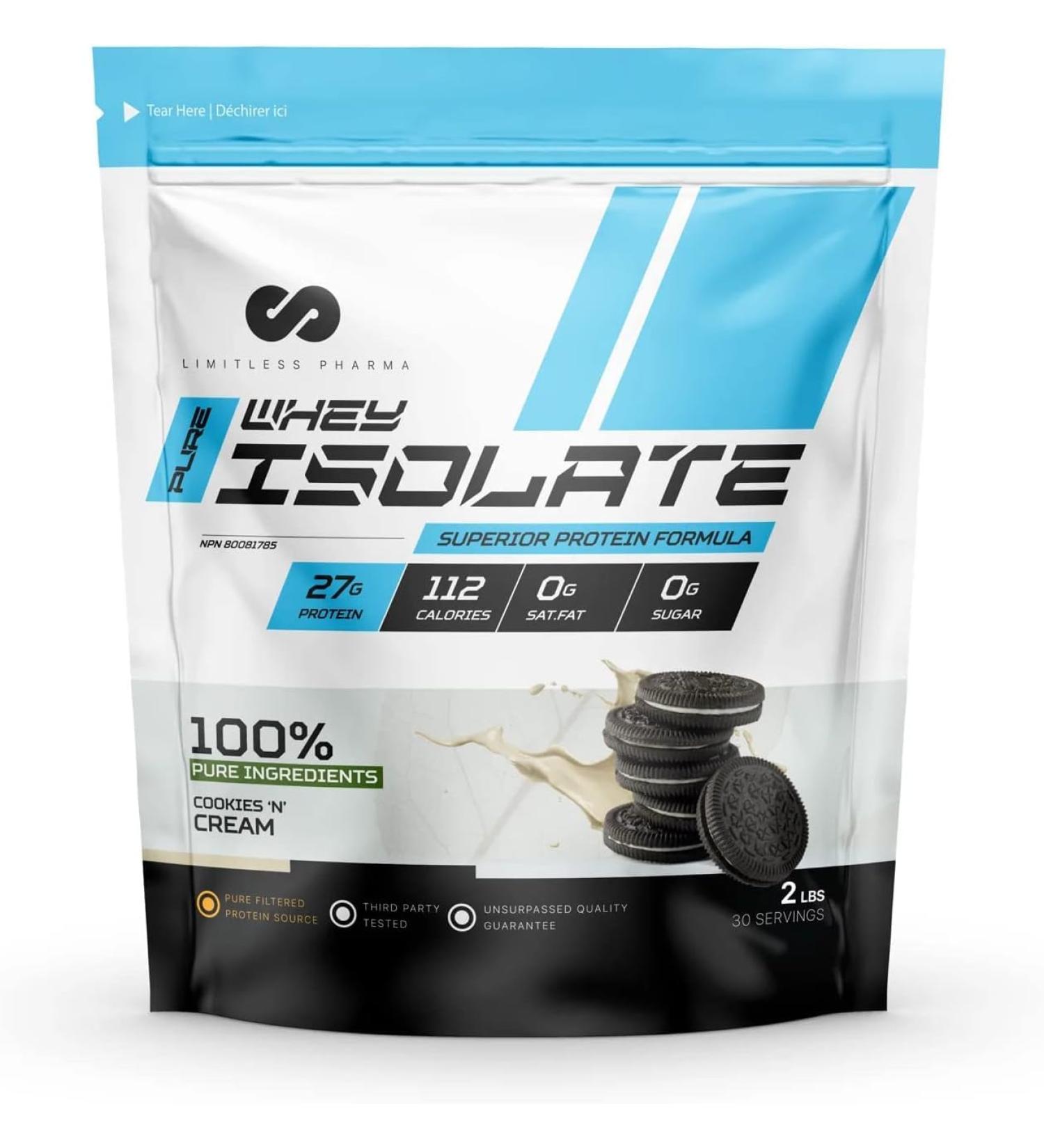Limitless Pharma Pure Whey Isolate | High Protein Whey Isolate Protein Powder | 27g Protein 6g BCAAs Sugar Free Gluten Free Low Carb Low Lactose | 30 Servings 2LB (Cookies N' Cream) Cookies & Cream 2LB - Buy Online on GoSupps.com