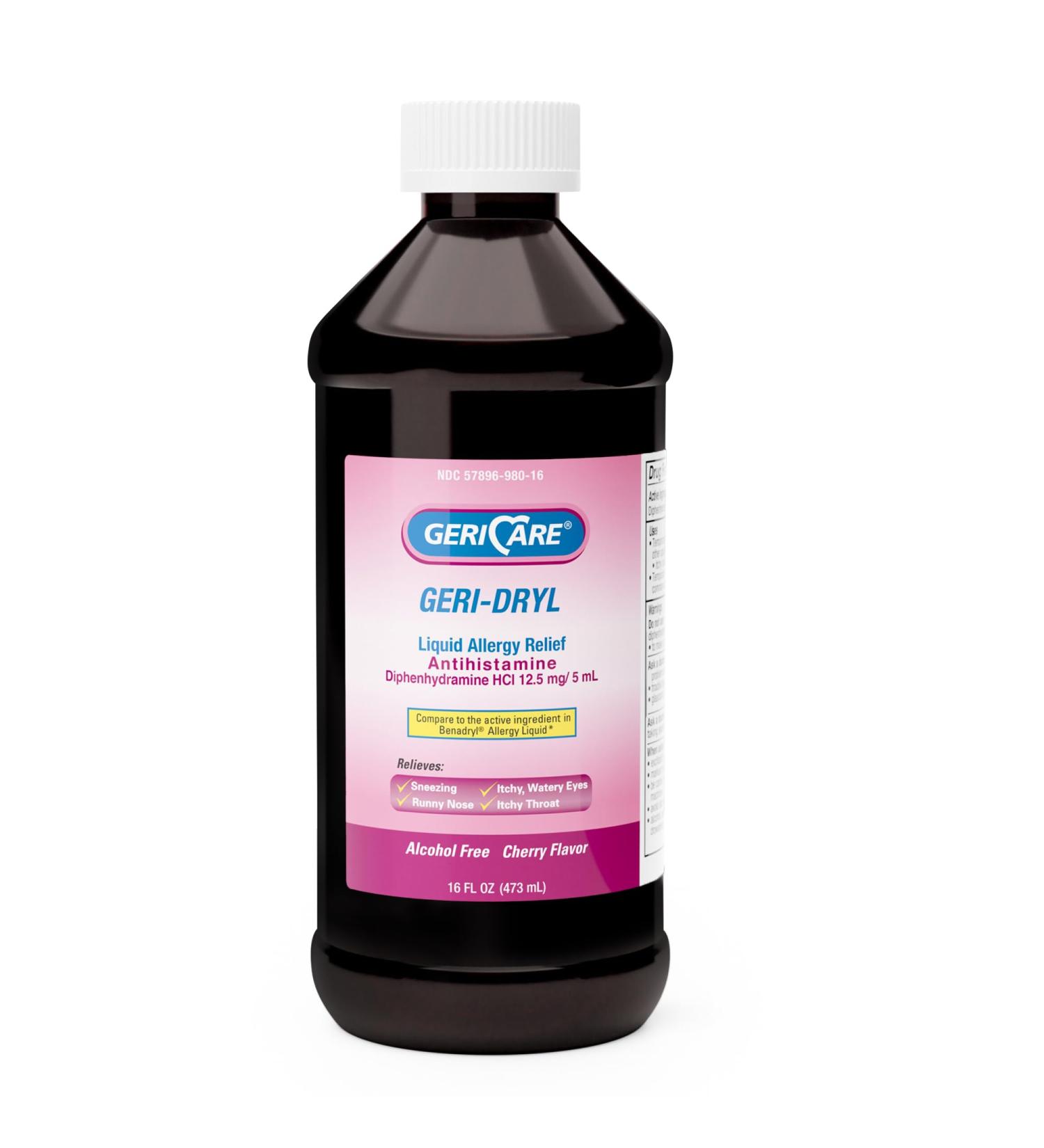 GeriCare Geri-Dryl Diphenhydramine HCI Solution - Antihistamine Liquid Multi-Symptom Allergy Relief Formula - Relieves Sneezing Runny Nose Watery Itchy Eyes & Throat 16 FL OZ (Pack of 1) Red 16 Fl Oz (Pack of 1) Liquid - Buy Online on GoSupps.com