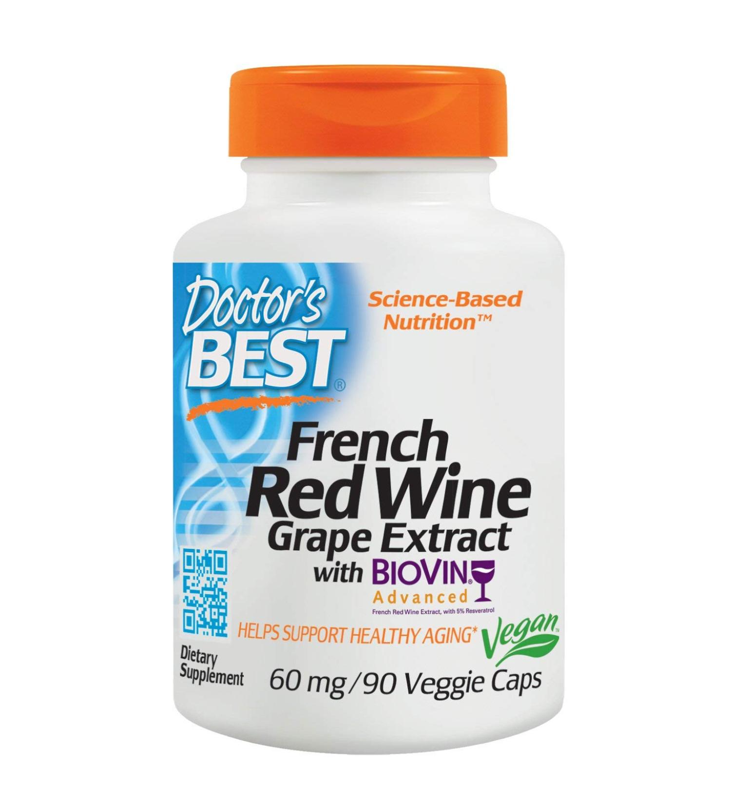 Doctor's Best Resveratrol 60 mg - French Red Wine Grape Extract | 90 Veggie Caps - Buy Online on GoSupps.com