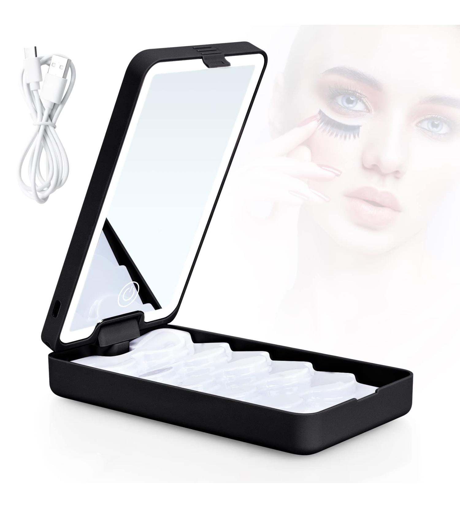 Buqikma Rechargeable Lighted Makeup Mirror Eyelash Case Organizer - Dimmable, 360 Rotation False Eyelash Storage Box (Black) - Buy Online on GoSupps.com