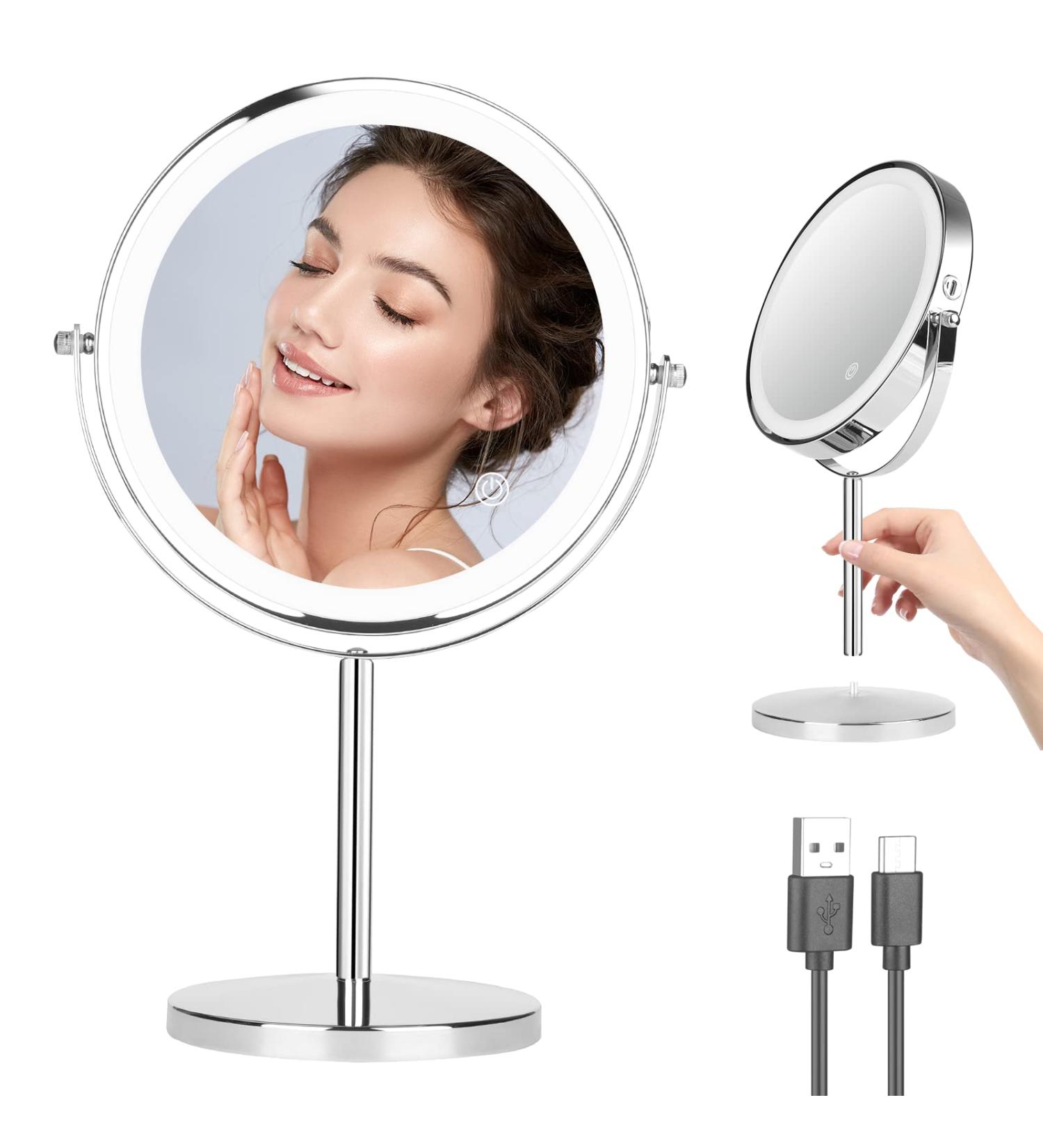 8-Inch Rechargeable LED Makeup Mirror with Lights - 1X/10X Magnification, 3 Color Modes, 360 Rotation - Buy Online on GoSupps.com