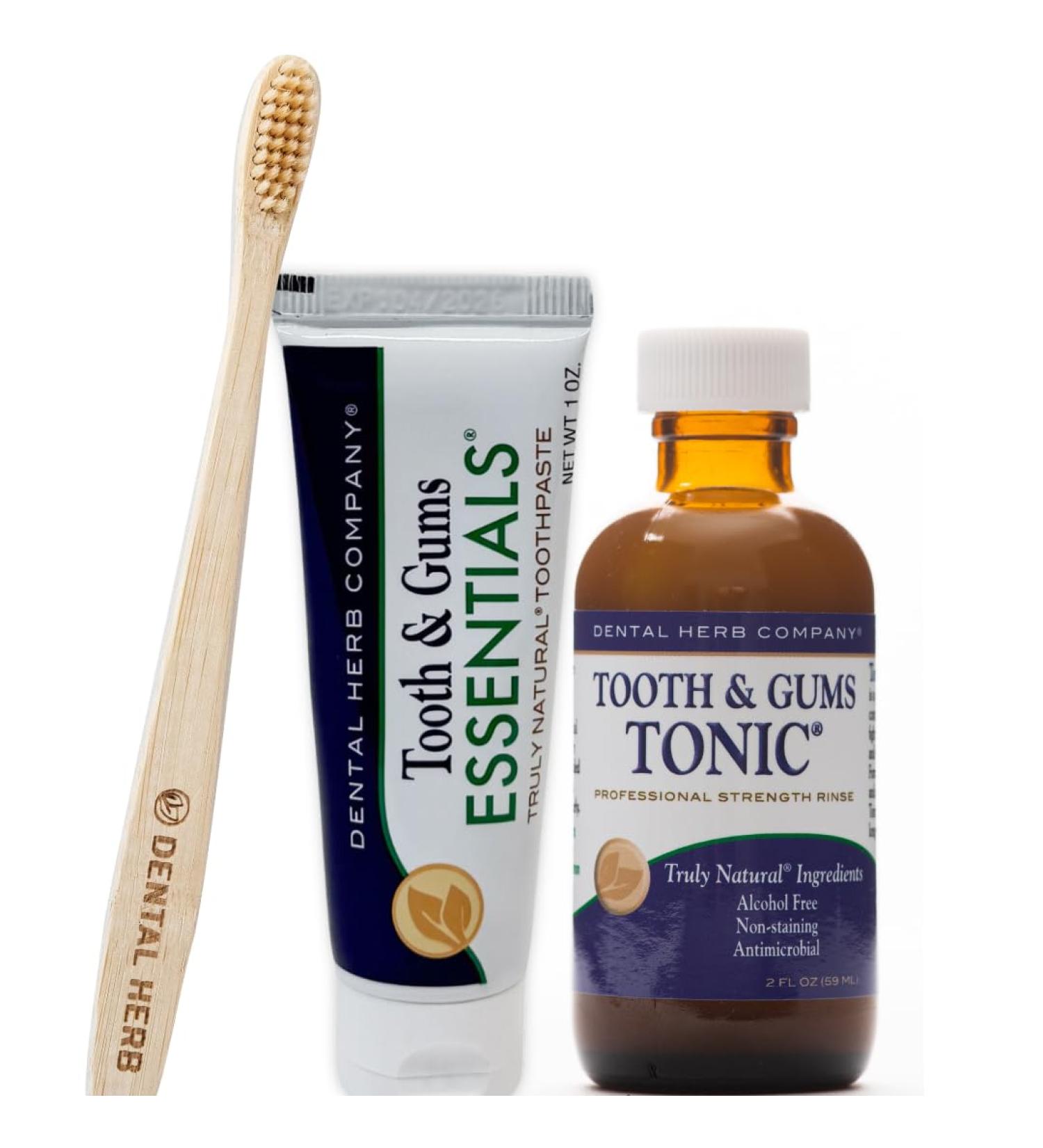 Dental Herb Company Tonic Mouthwash & Essentials Toothpaste Travel Kit - Natural Relief for Bad Breath Bleeding Gums & Irritated Gums - 2 oz Mouthrinse & 1 oz Toothpaste - Buy Online on GoSupps.com