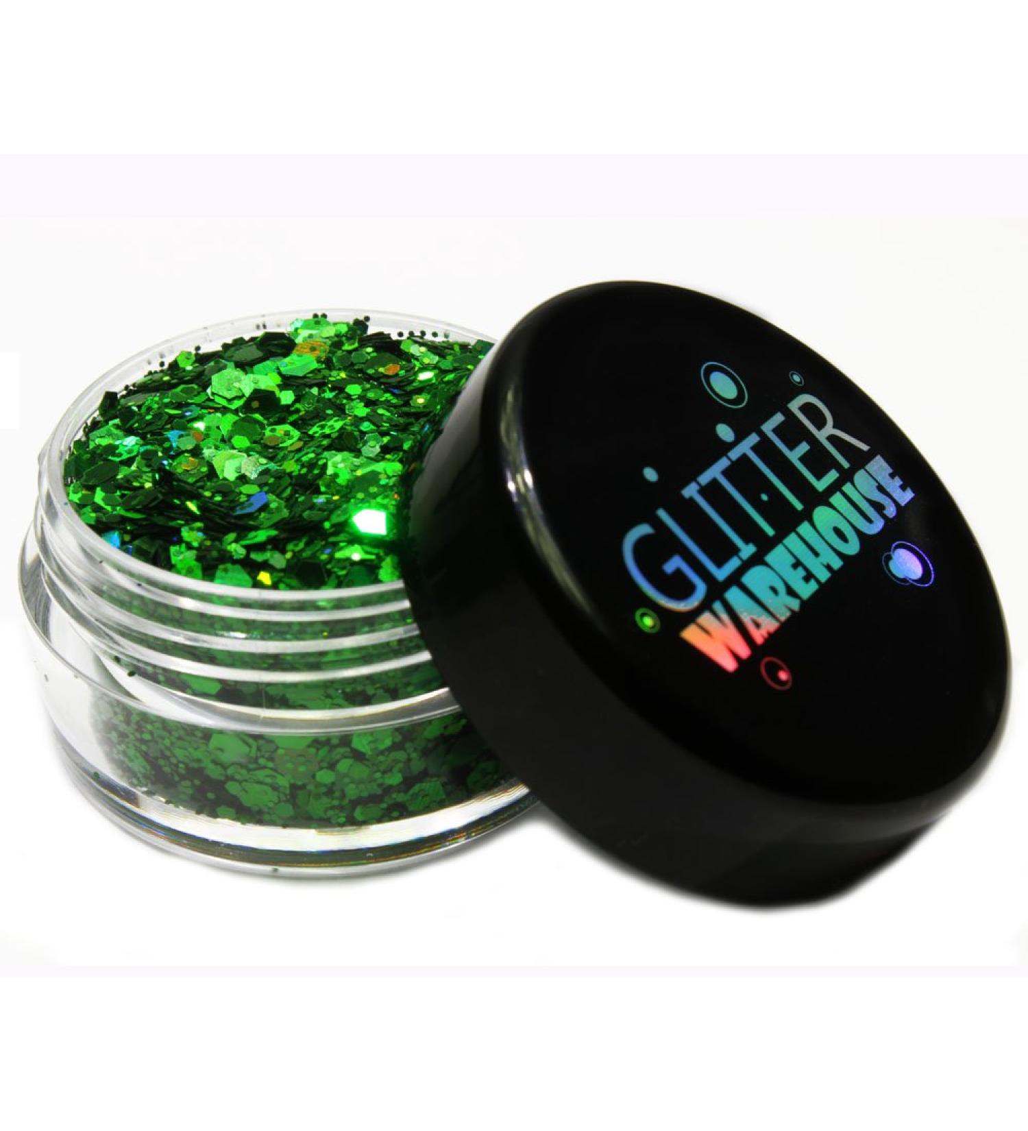 Green Holographic Chunky Glitter | Festival Makeup & Beauty | GLITTERWAREHOUSE 20g Loose Cosmetic Glitter for Face Body Hair Nails & Lips - Buy Online on GoSupps.com