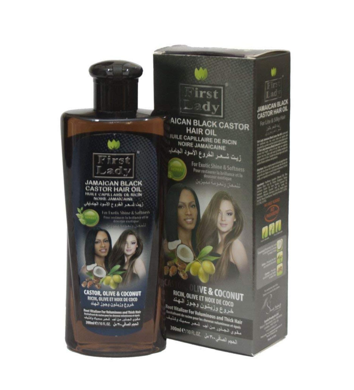 First Lady Herbal (Ayurvedic) JAMAICAN BLACK CASTOR Hair Oil 300ml 10oz - For Hair Eyelash Eyebrow Growth - With Olive & Coconut - For Afro Asian & European Hair Types