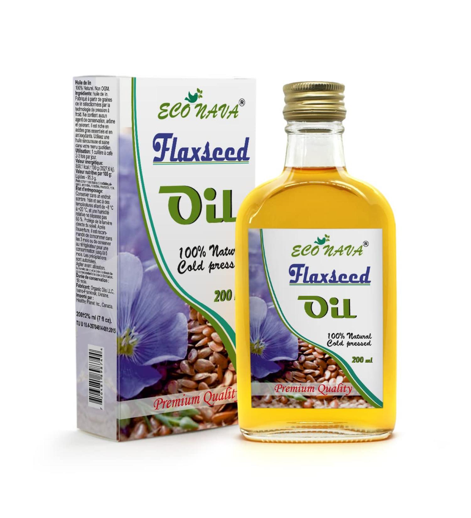 Eco Nava Flaxseed Oil 6.8 oz | 100% Natural Cold Pressed | Premium Grade for Cooking, Salads, Hair, Face & Skin Care - Buy Online on GoSupps.com