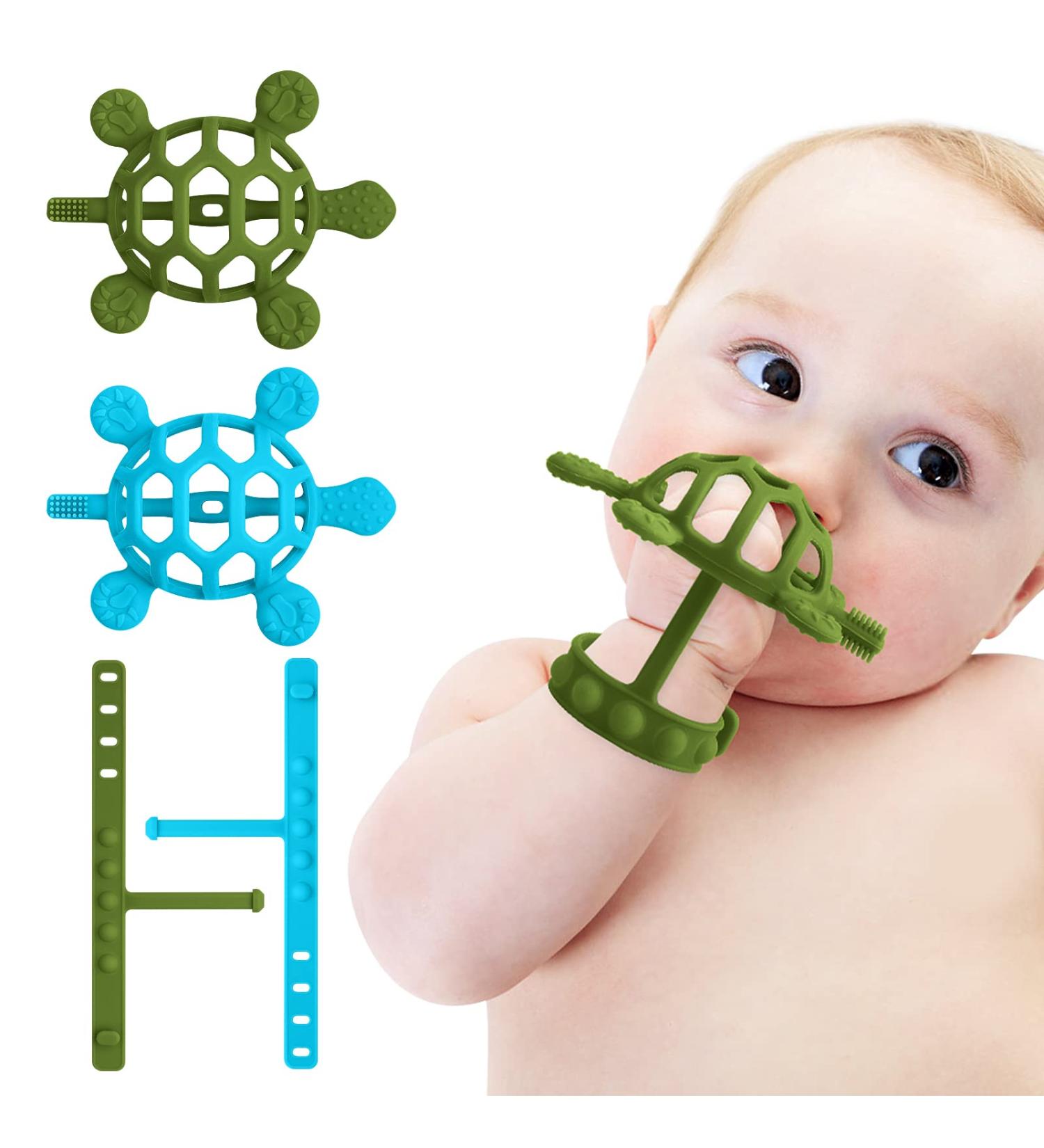 Bite Ring for Babies - BPA-Free Silicone & Natural Rubber Teething Toys - Non-Dropping Design Turtle Shape - 2 Pack (Green & Blue) for 0-12 Months - Buy Online on GoSupps.com