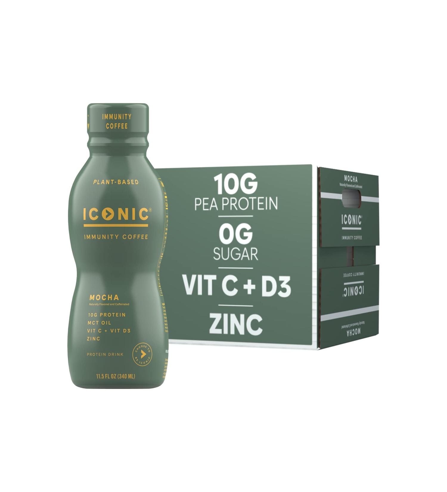 Iconic Protein Coffee Mocha - Keto Coffee Alternative with Vitamin D3, Vitamin C, Zinc, MCT Oil & Pea Protein Powder - 200mg Caffeine - Sugar Free, Gluten Free, Dairy Free - 12 Pack - Buy Online on GoSupps.com