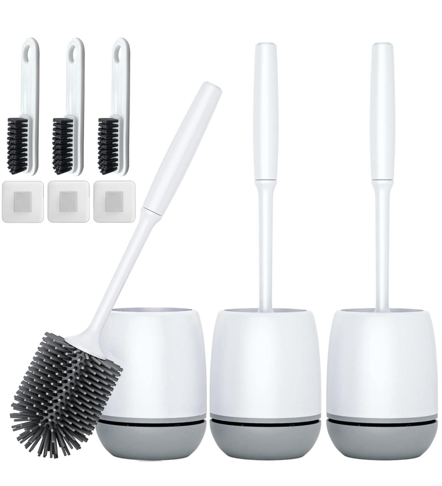 3 Pack Toilet Brush and Holder Set with Silicone Bristles - Gray Bathroom Accessories - Buy Online on GoSupps.com