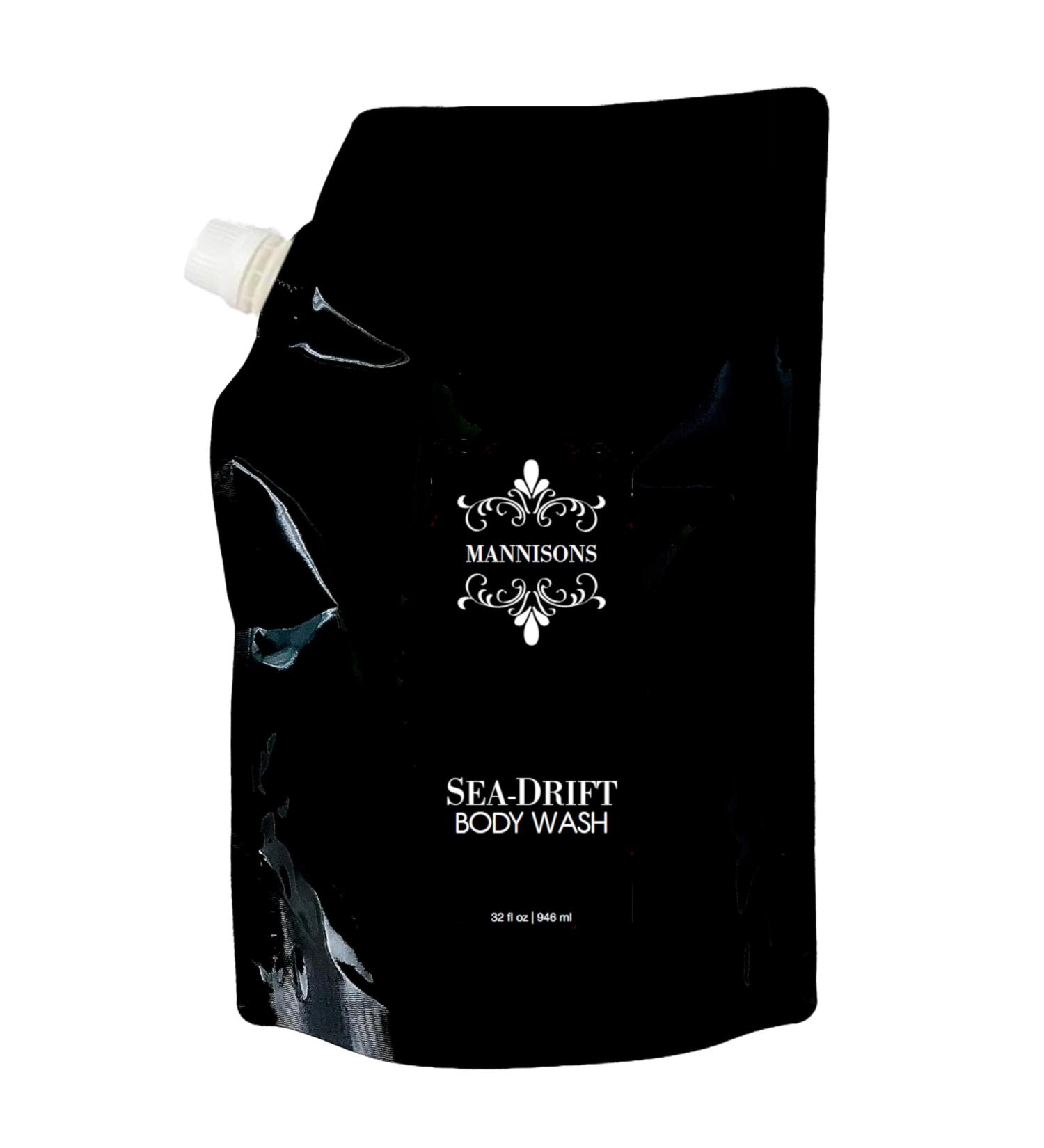 Mannisons Body Wash Sea-Drift Aroma 32 oz Refill Pouch Nourish and Softens Skin Luxurious Scent of Sea Salt Sage Driftwood Rich Lather