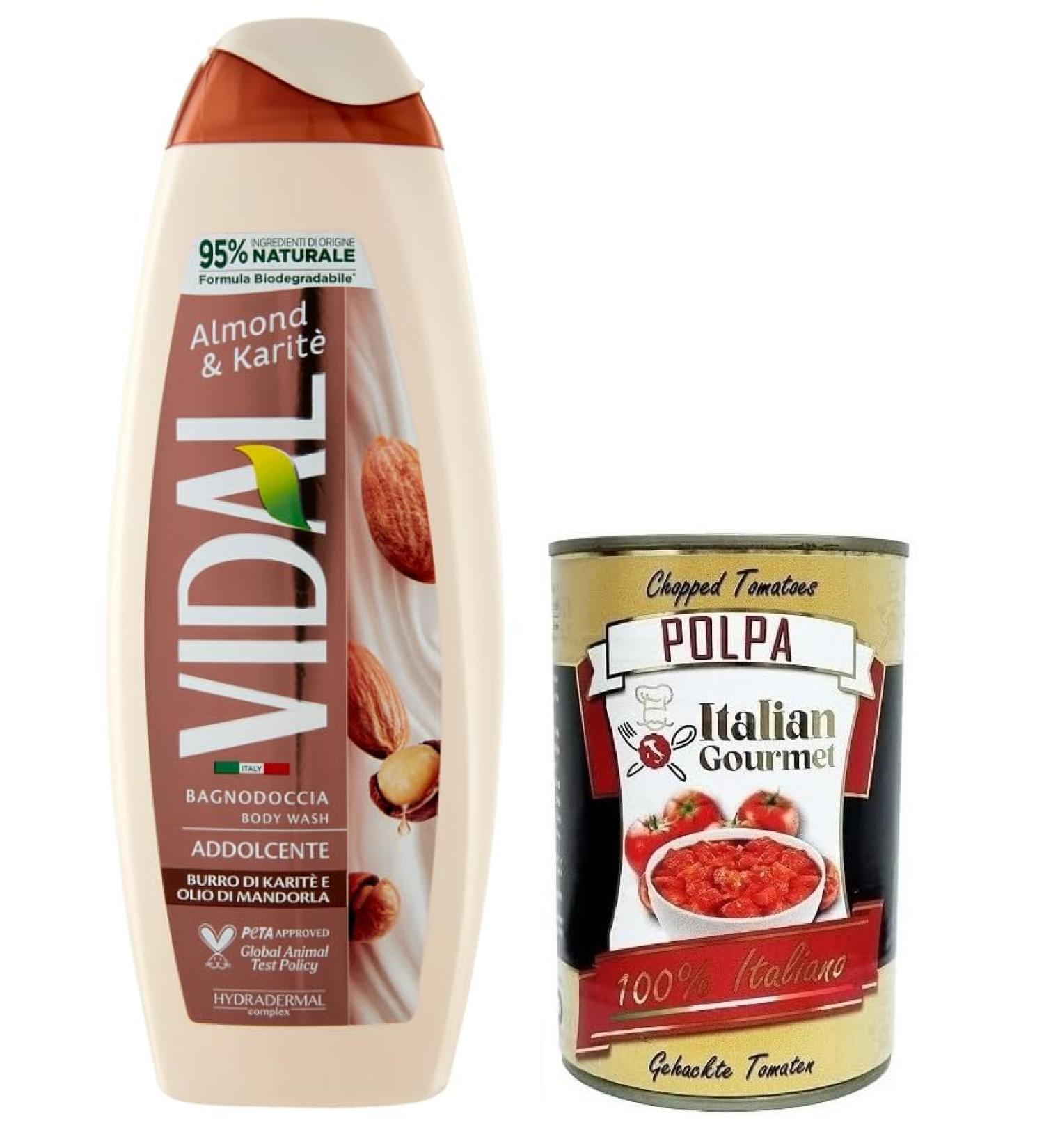  Italian Gourmet E.R. Vidal Almond & Karit Shower Gel with Shea Butter and Almond Oil 500 ml + Italian Gourmet Tomato Pulp 400 g - Buy Online on GoSupps.com