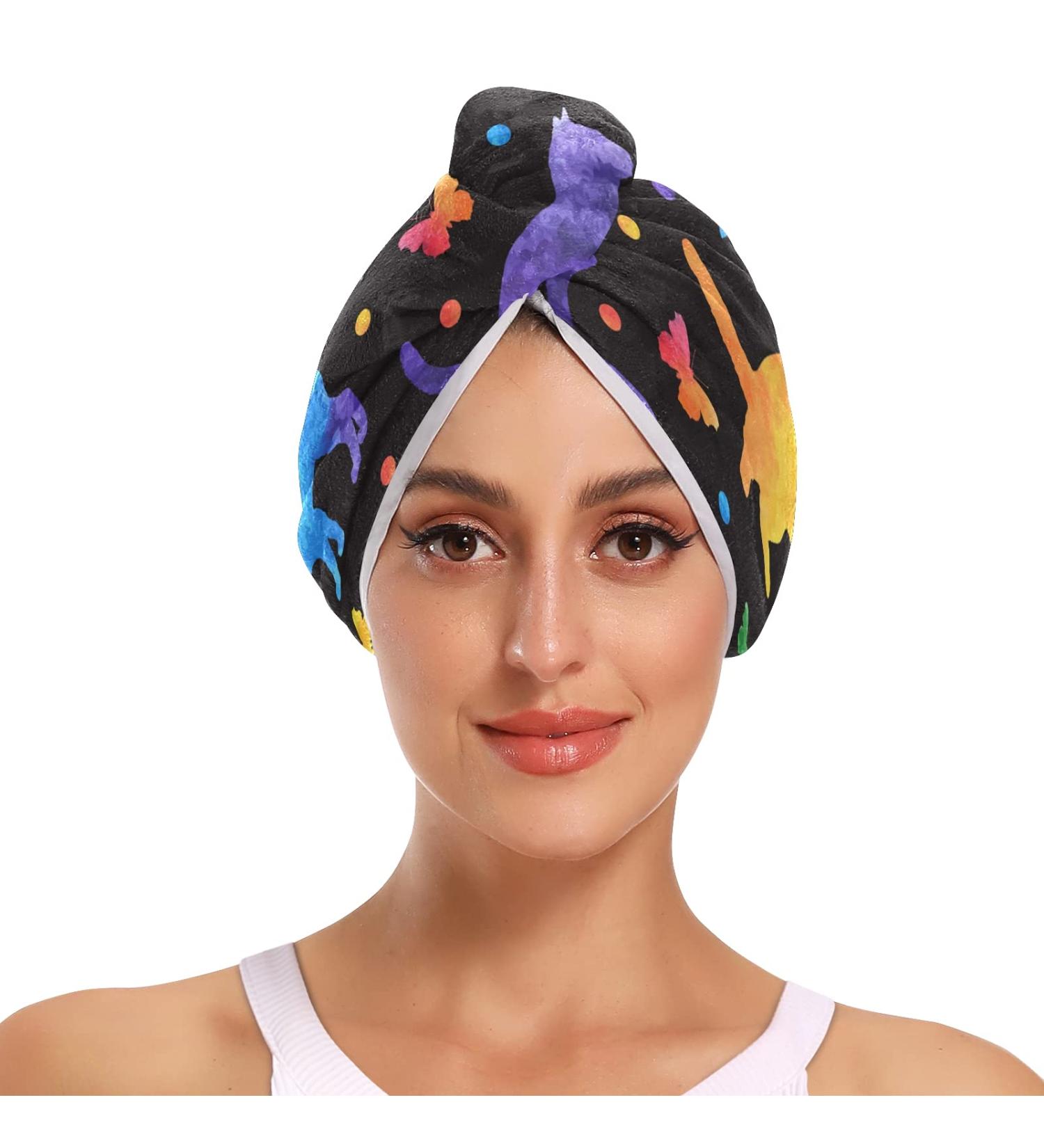 Colorful Cute Cat Microfiber Hair Towels for Women - 2 Pack Quick Dry Turbans for Effortless Hair Drying - Buy Online on GoSupps.com