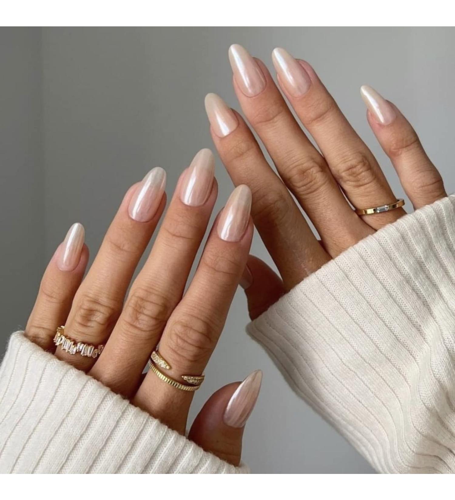 Glazed Donut Chrome Hailey Bieber Trend Press On Nails | Handmade Almond Shape 30-Piece Nail Kit - Buy Online on GoSupps.com