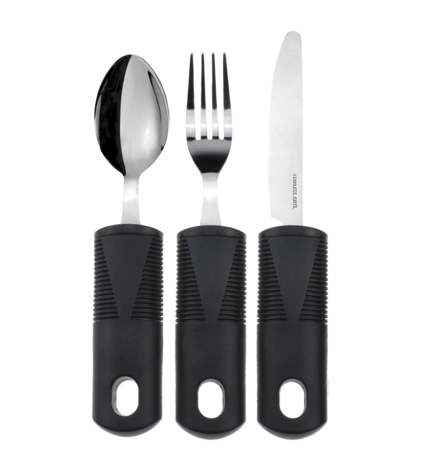 Vive Adaptive Utensil Set - Heavy Stainless Steel Silverware for Parkinson's and Arthritis - Easy Grip for Shaking Hands - Non-Weighted Holder Included - Buy Online on GoSupps.com