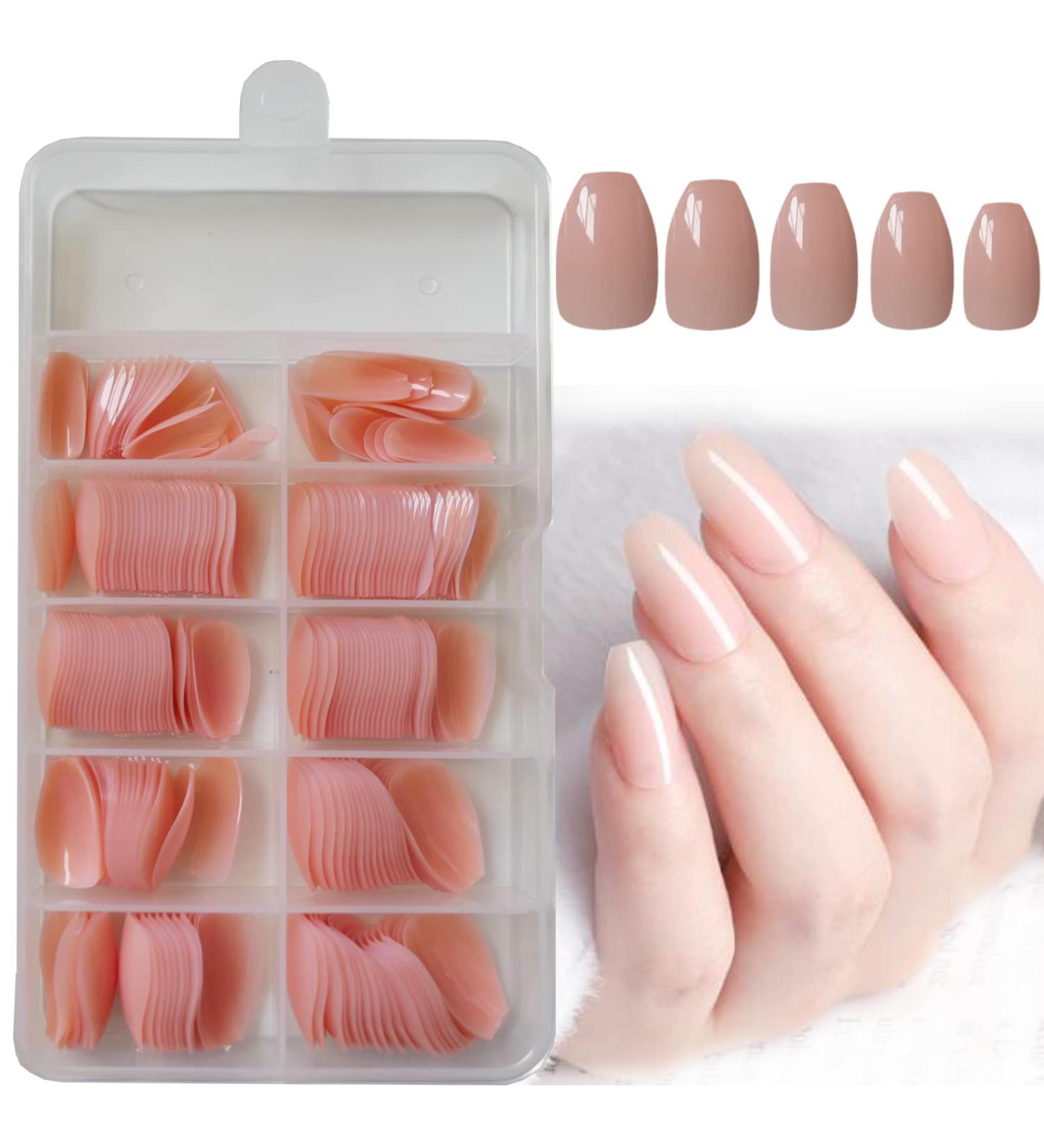 240pc Short Coffin Press on Nails - Nude Colored Ballerina False Nails | Glossy Artificial Fingernails with Adhesive Tabs - LoveOurHome - Buy Online on GoSupps.com
